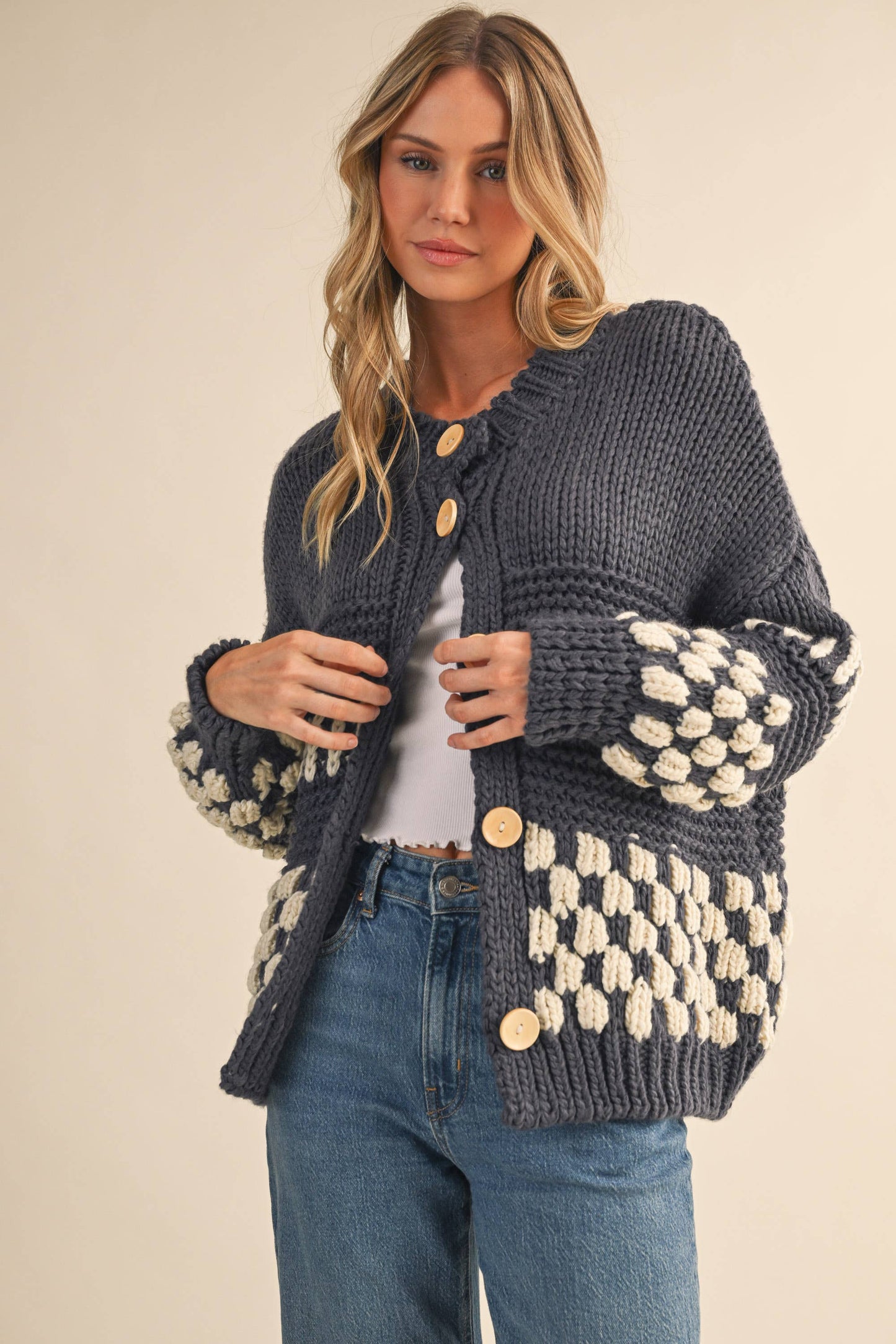 checkered pattern chunky knit cardigan