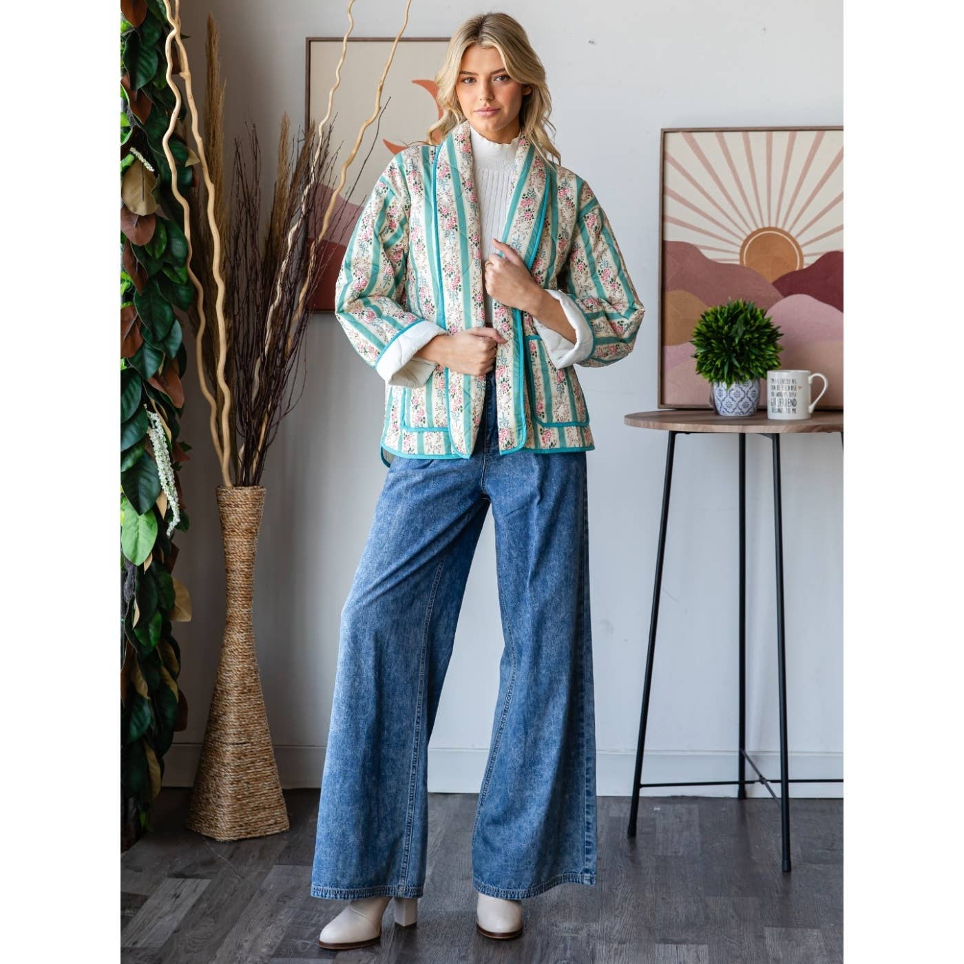 Quilted Stripe Flower Open Jacket