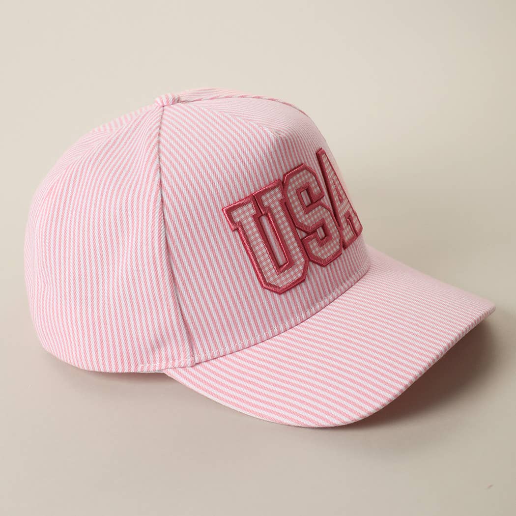 USA Embroidered Patch Gingham Stripe Trucker Hat