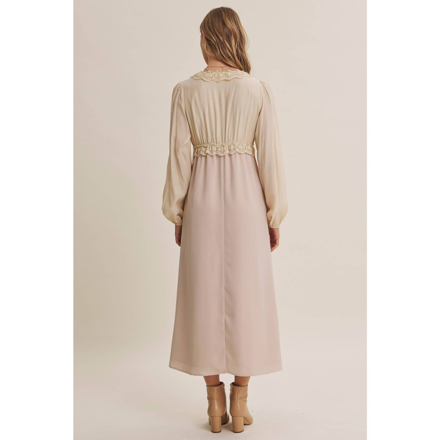 Champagne Rose Soft Drape Fabric Mixed Romantic Midi Dress