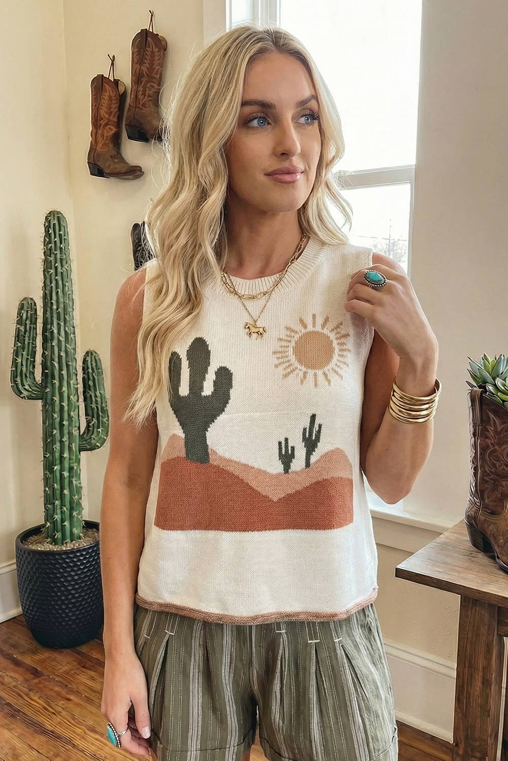 Western Cactus Desert Print Knit Sweater Tank Top