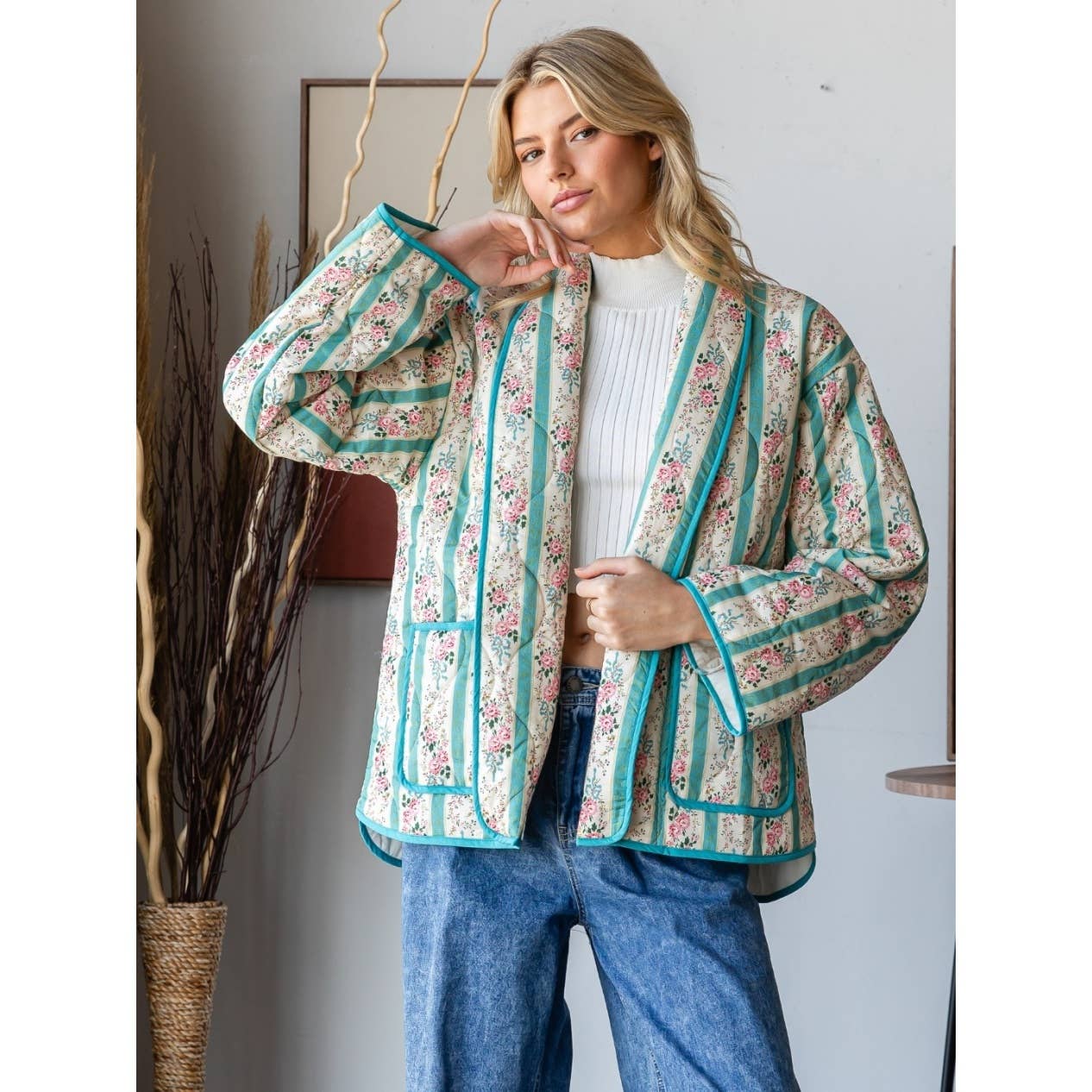 Quilted Stripe Flower Open Jacket