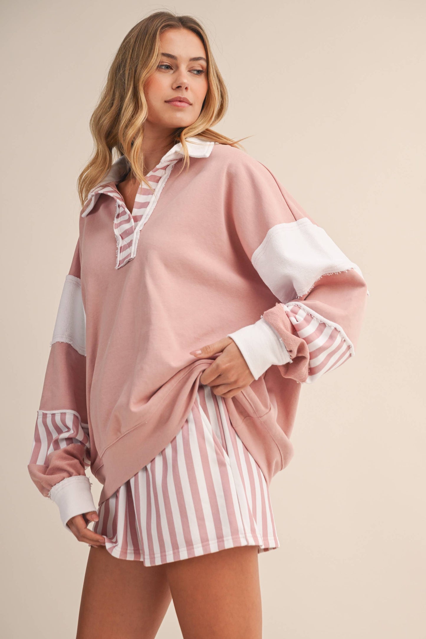Striped Contrast Collared Sweatshirt and Shorts Set