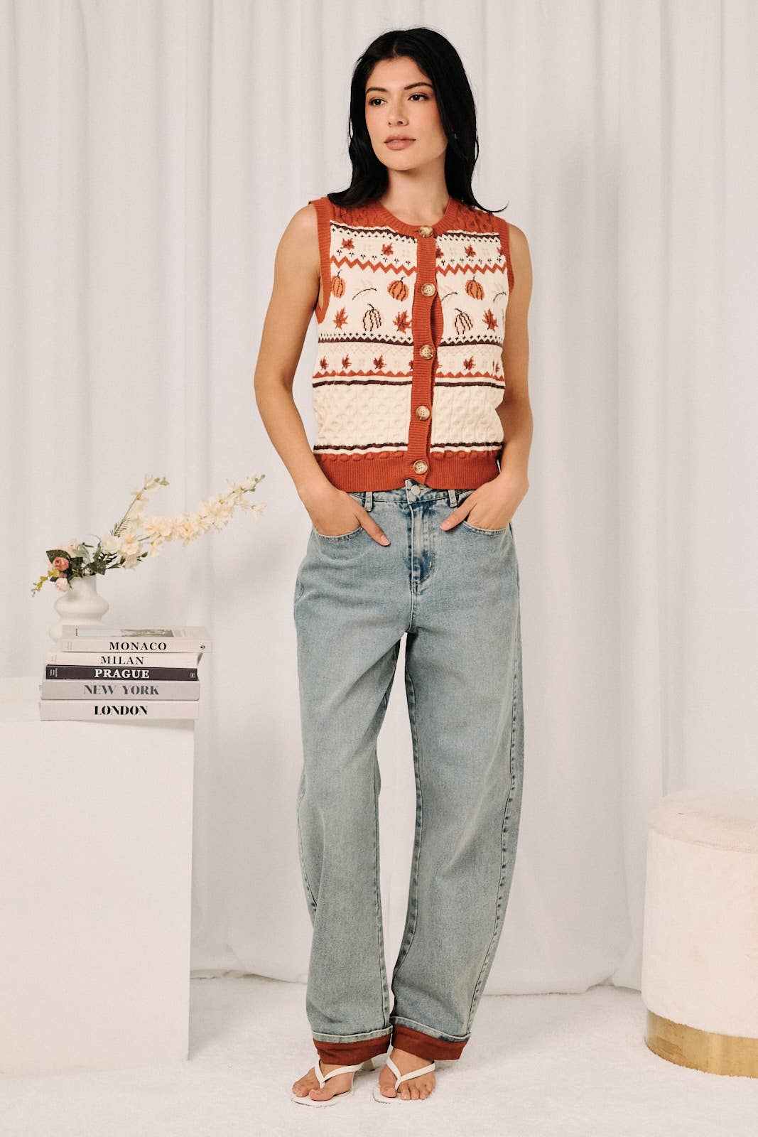 Pumpkin Button Down Cable Sweater Vest