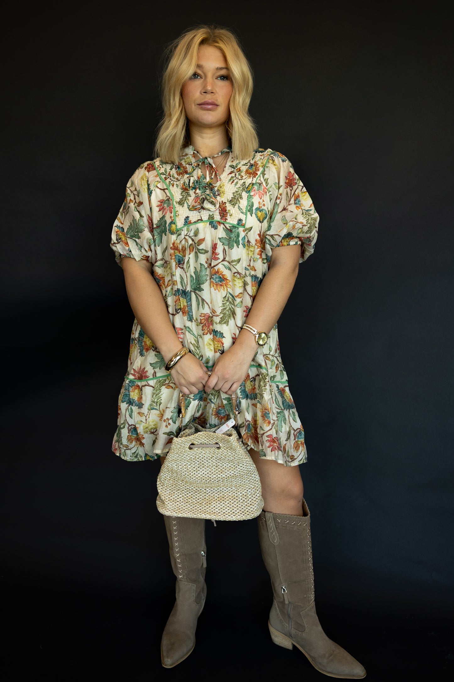 Botanical Print Balloon Sleeve Dress
