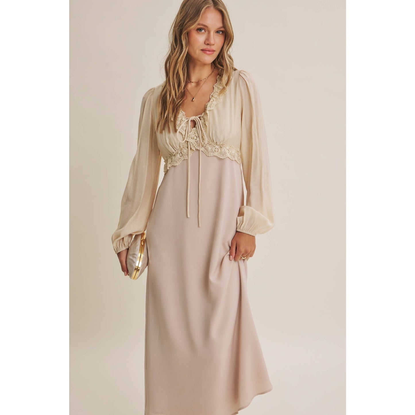 Champagne Rose Soft Drape Fabric Mixed Romantic Midi Dress