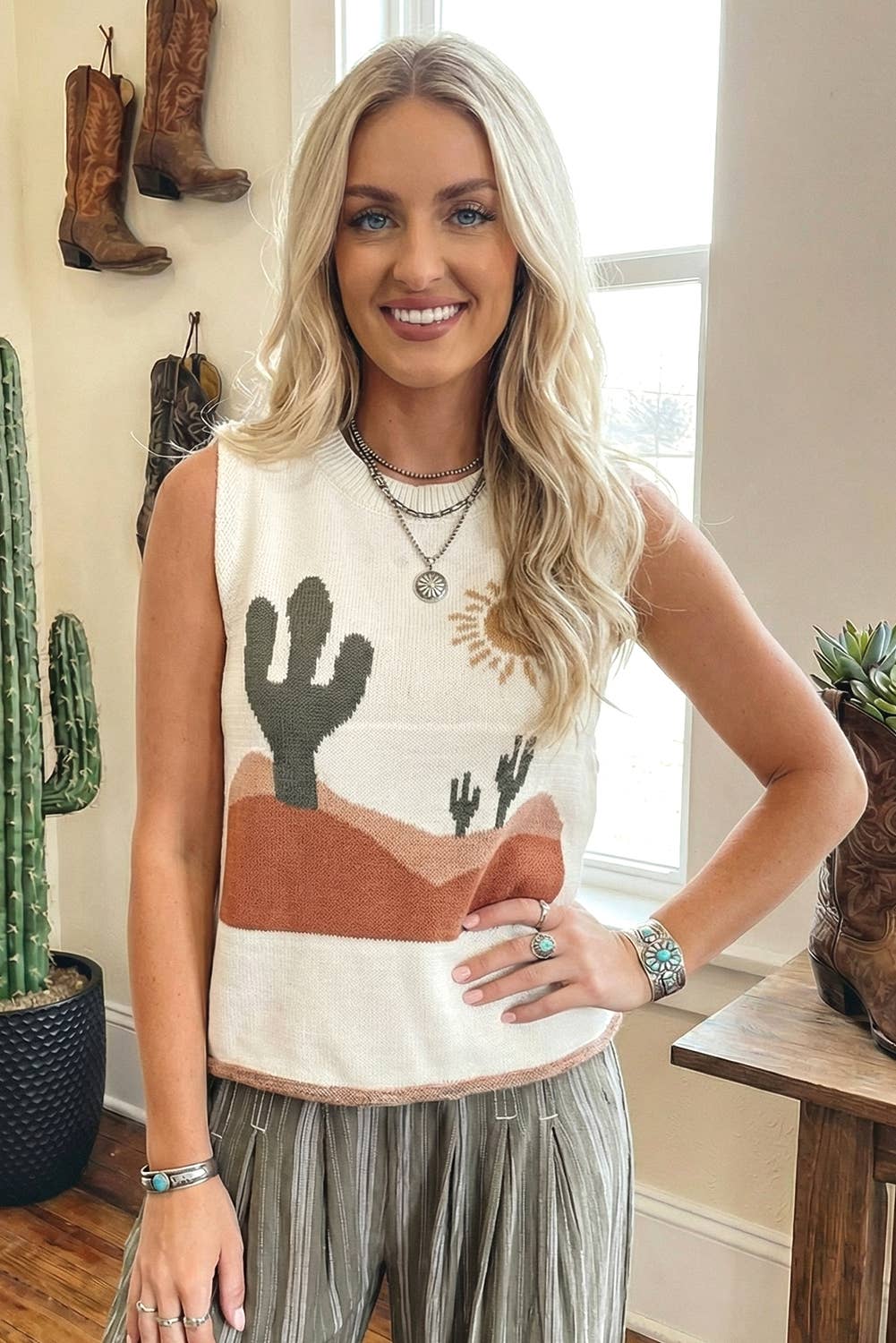 Western Cactus Desert Print Knit Sweater Tank Top