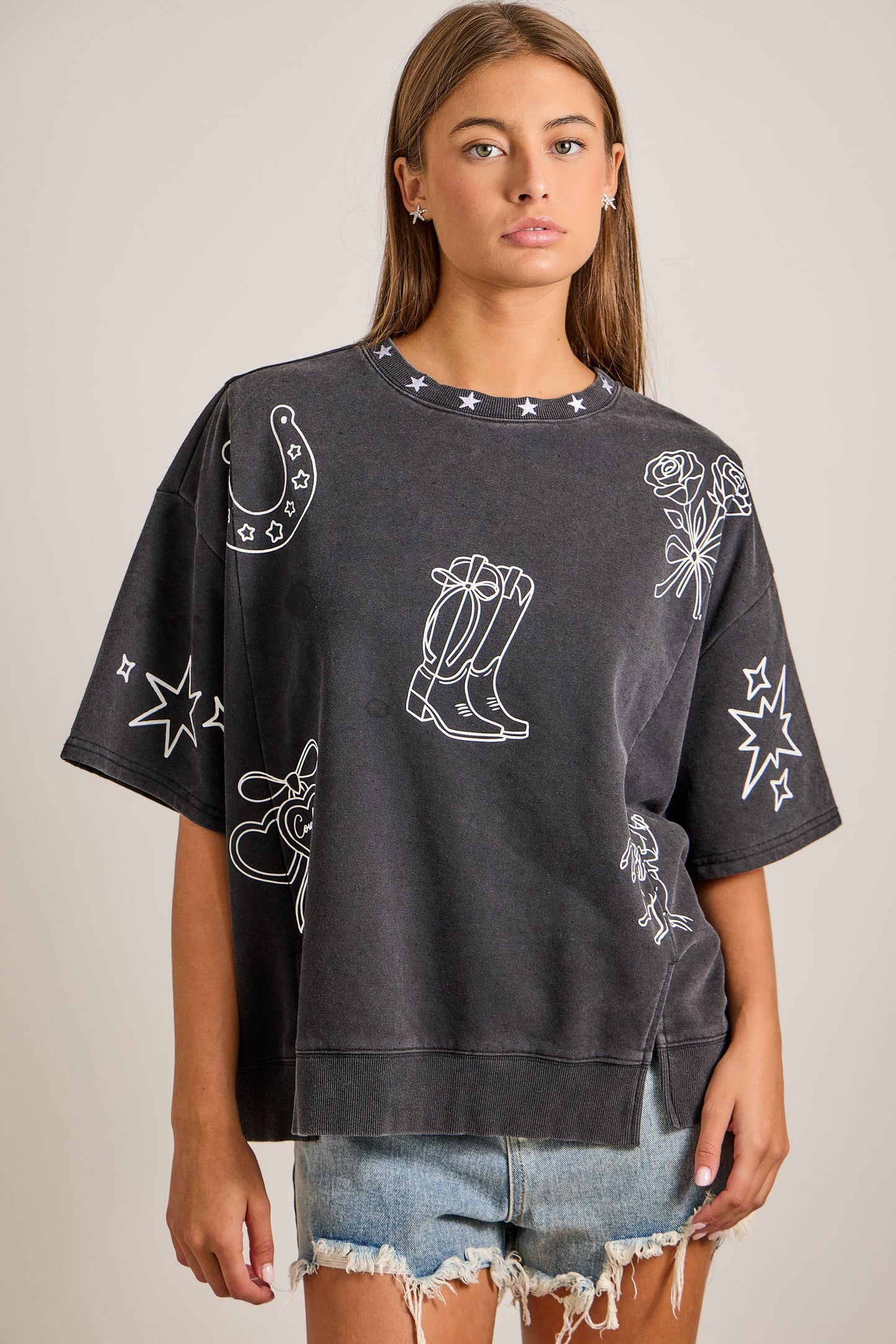 Mineral washed western printed oversized top