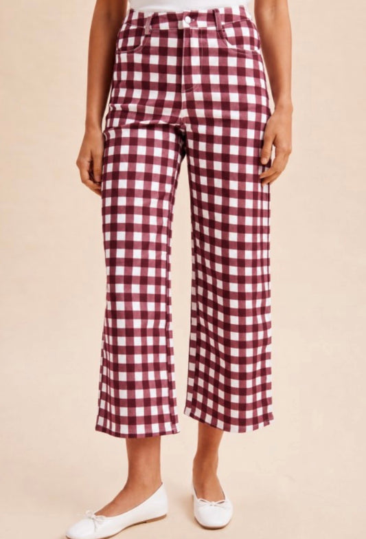 Alabama | Crimson Gingham Wide-leg Cropped Denim Pants