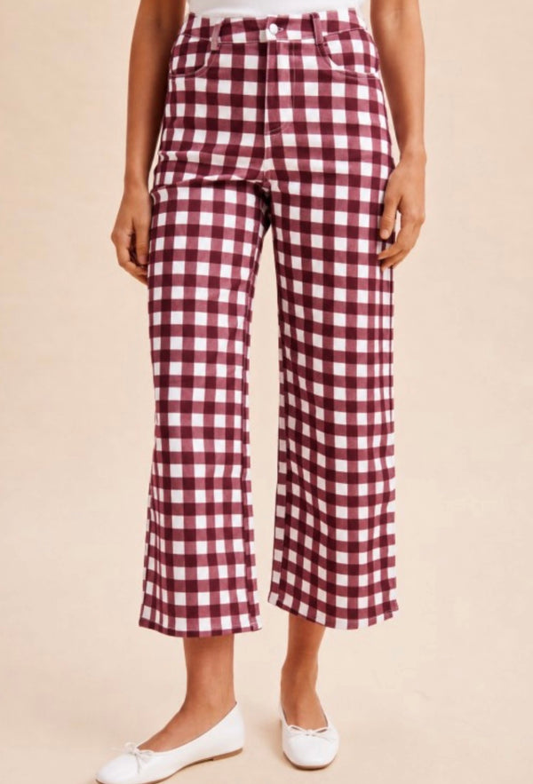 Alabama | Crimson Gingham Wide-leg Cropped Denim Pants