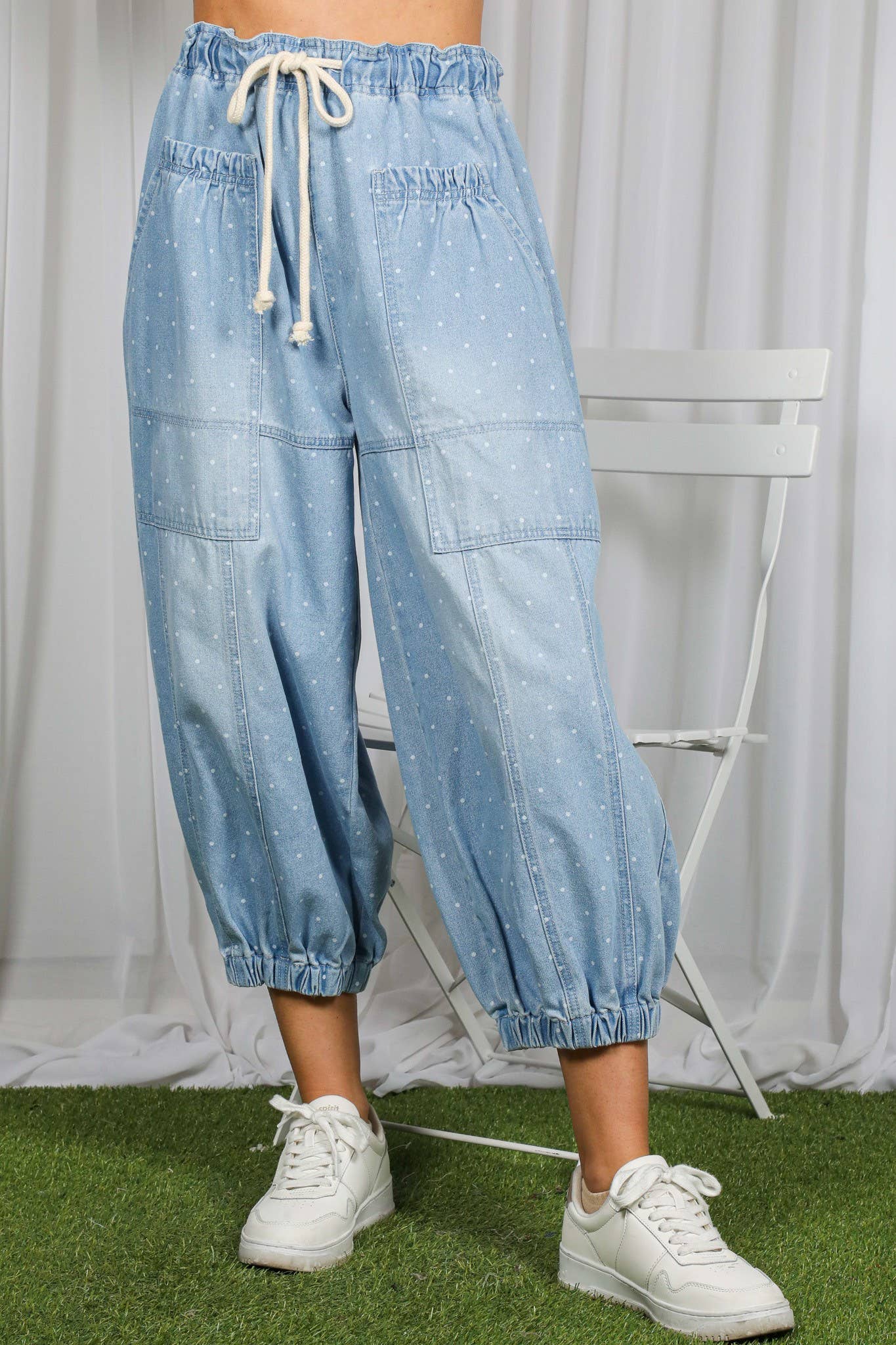 Polka Dot Casual Patch Pocket Crop Barrel Jeans