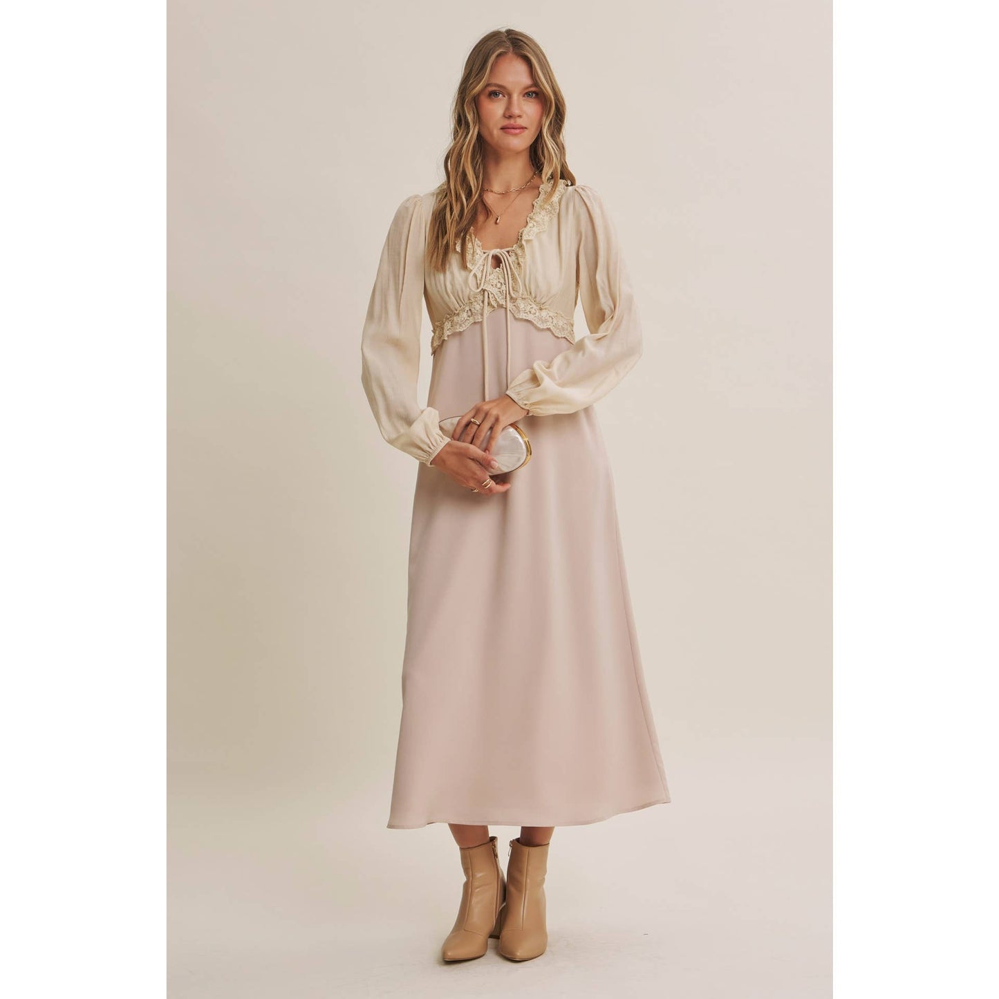 Champagne Rose Soft Drape Fabric Mixed Romantic Midi Dress