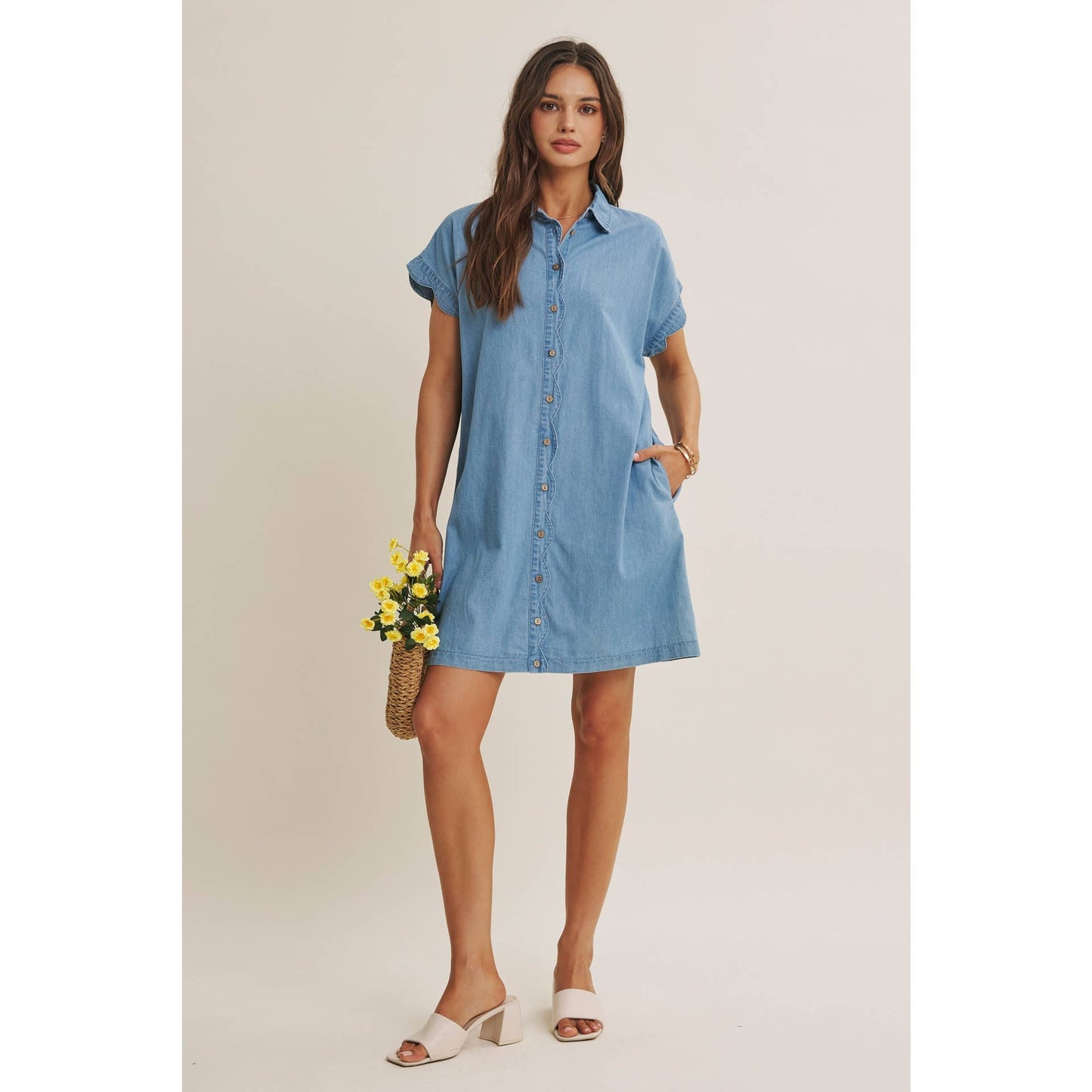 Coffee Run Washed Denim Mini Shirt Dress With Scallop Detail