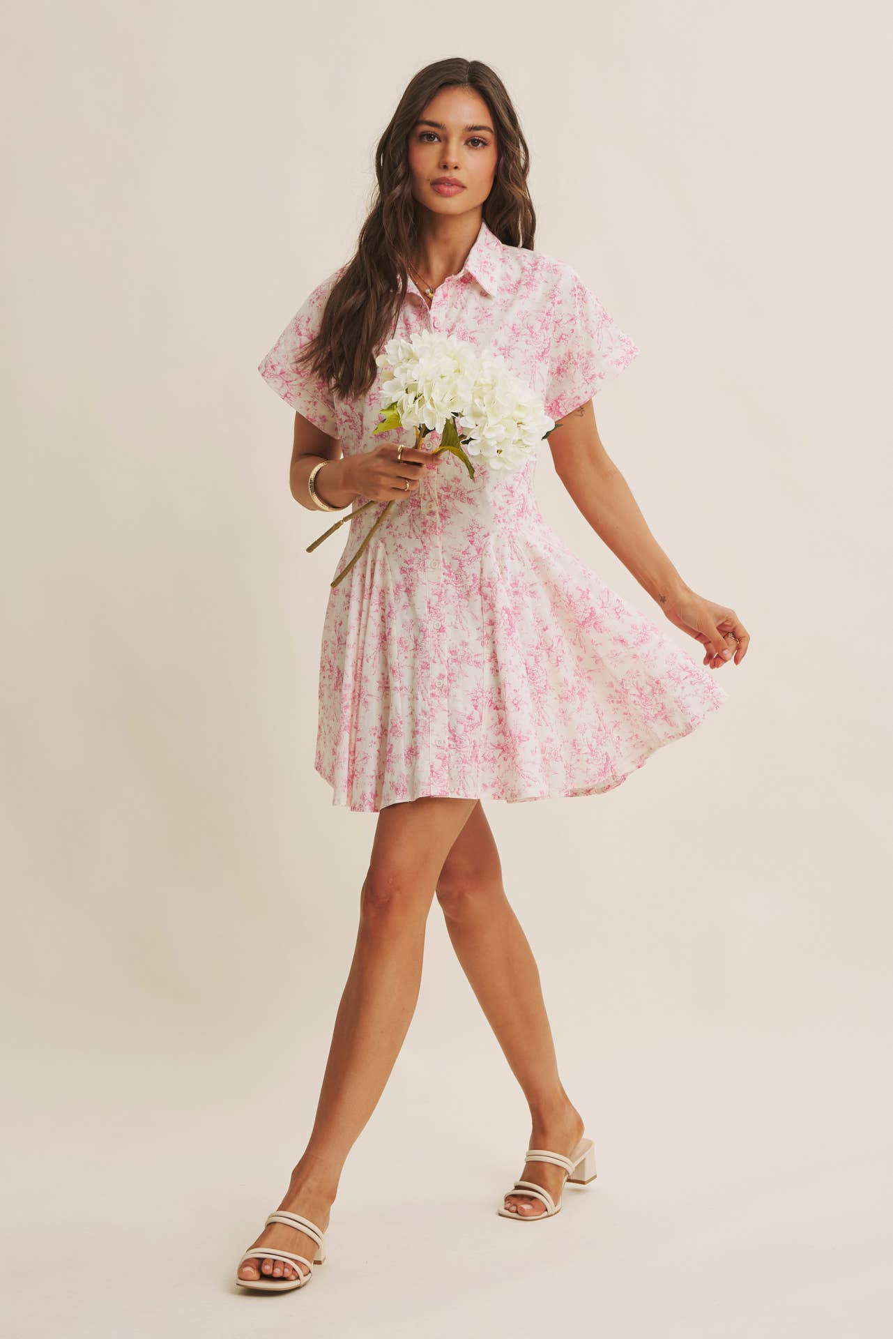 French Garden Toile Button-down Mini Dress With Dolman