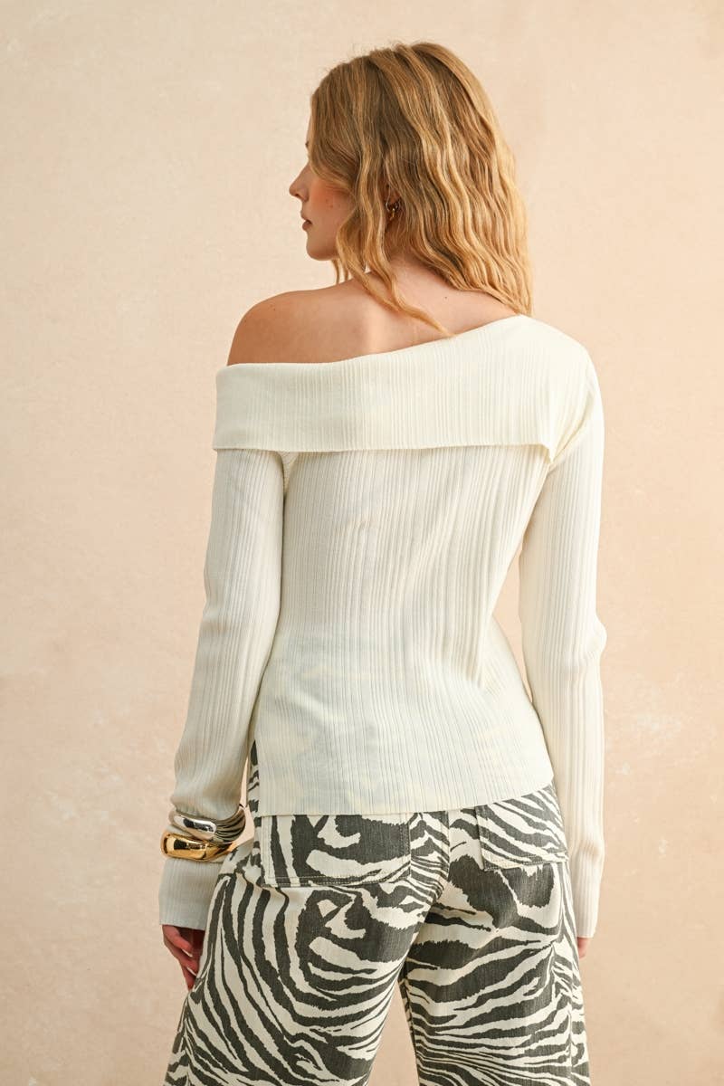 ribbed asymmetric shoulder long sleeve top
