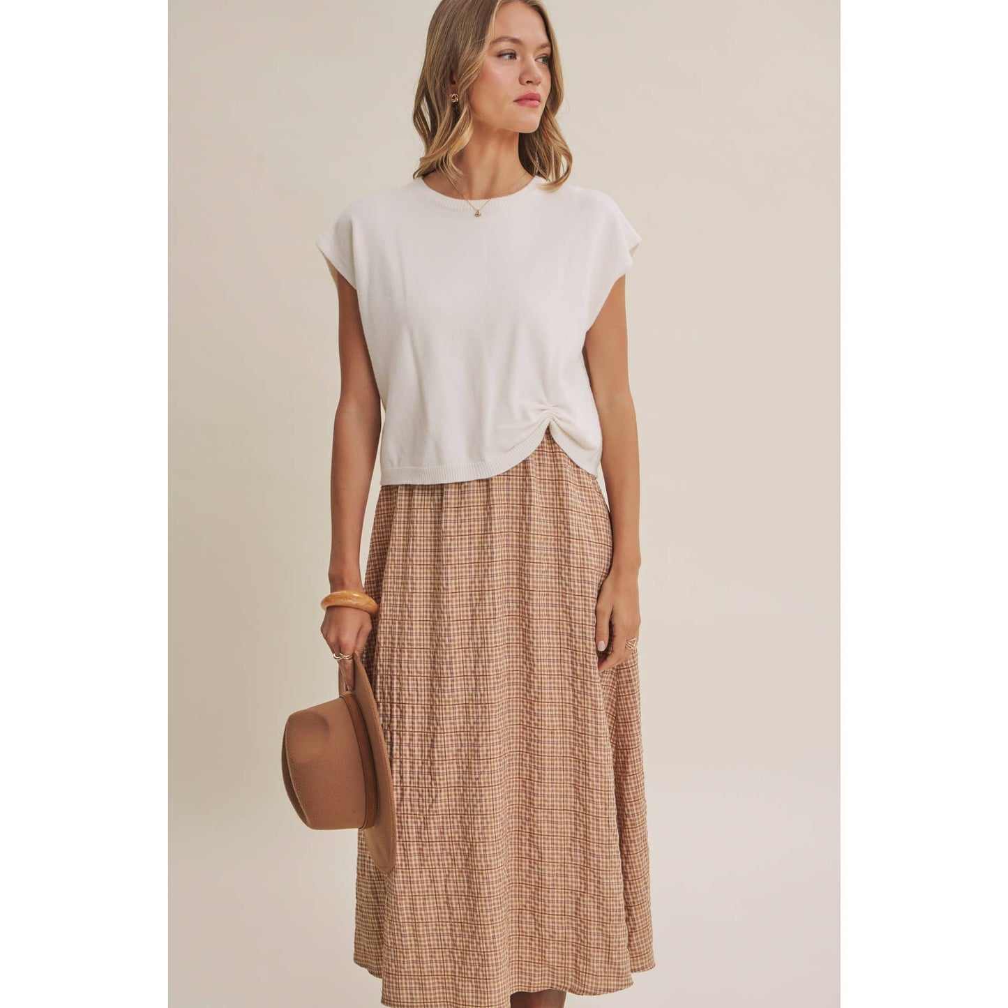 COUNTRY ROADS Gingham Bow Back Twofer Sweater Midi Dress