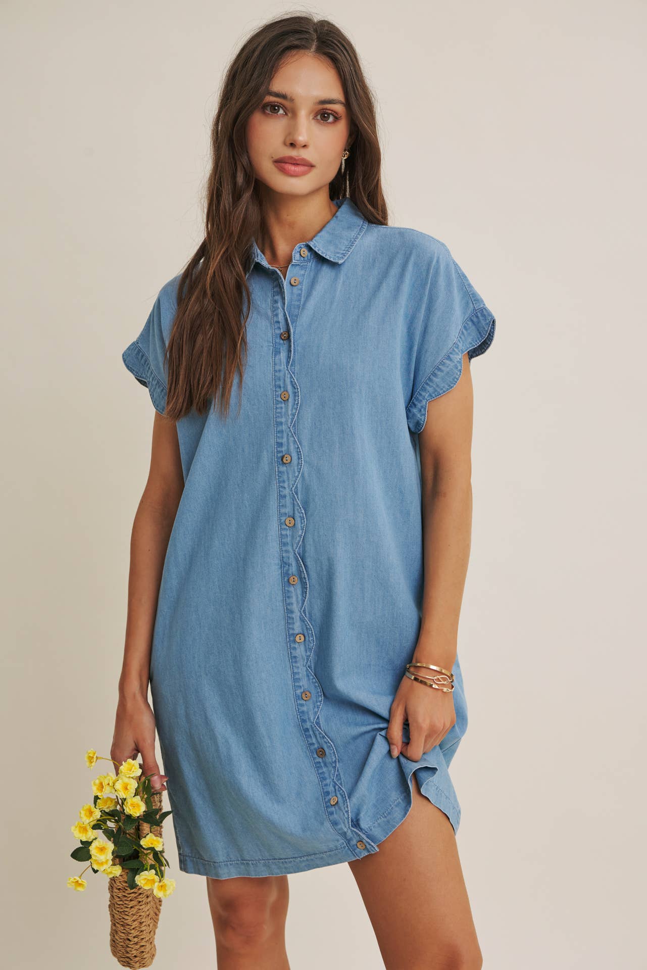 Coffee Run Washed Denim Mini Shirt Dress With Scallop Detail