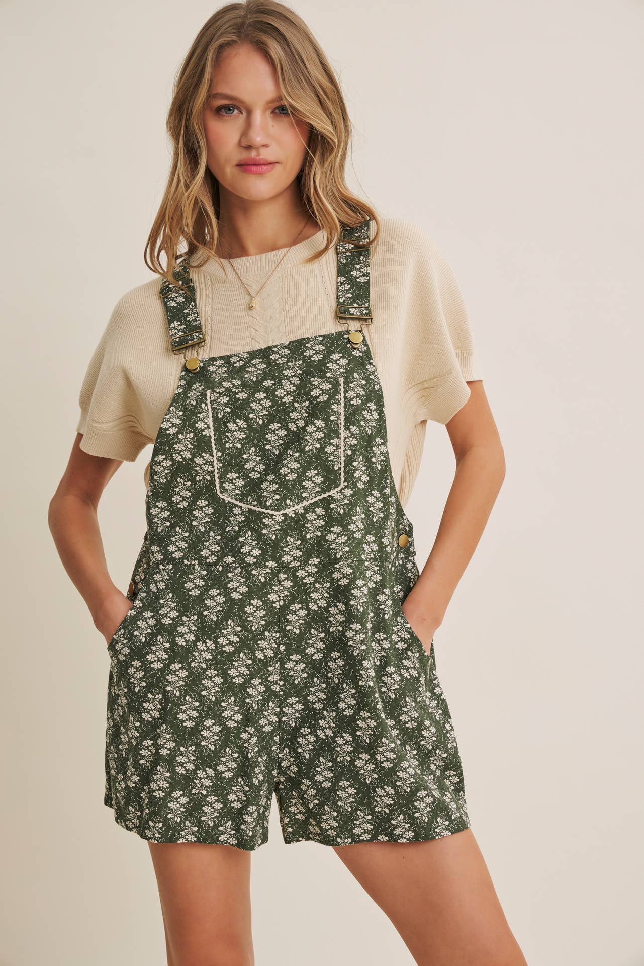 Meadow Bloom Floral Short Overall With Lace Trim Bib Pocket