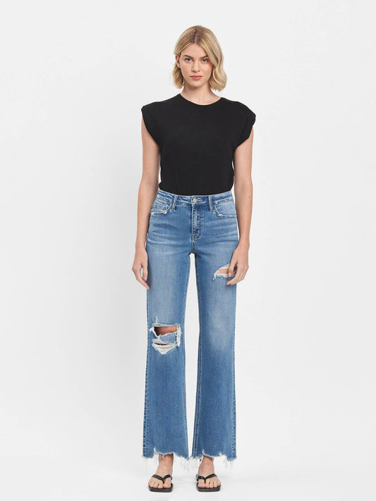 HIGH RISE MEDIUM WASH DISTRESSED SLIM WIDE JEANS