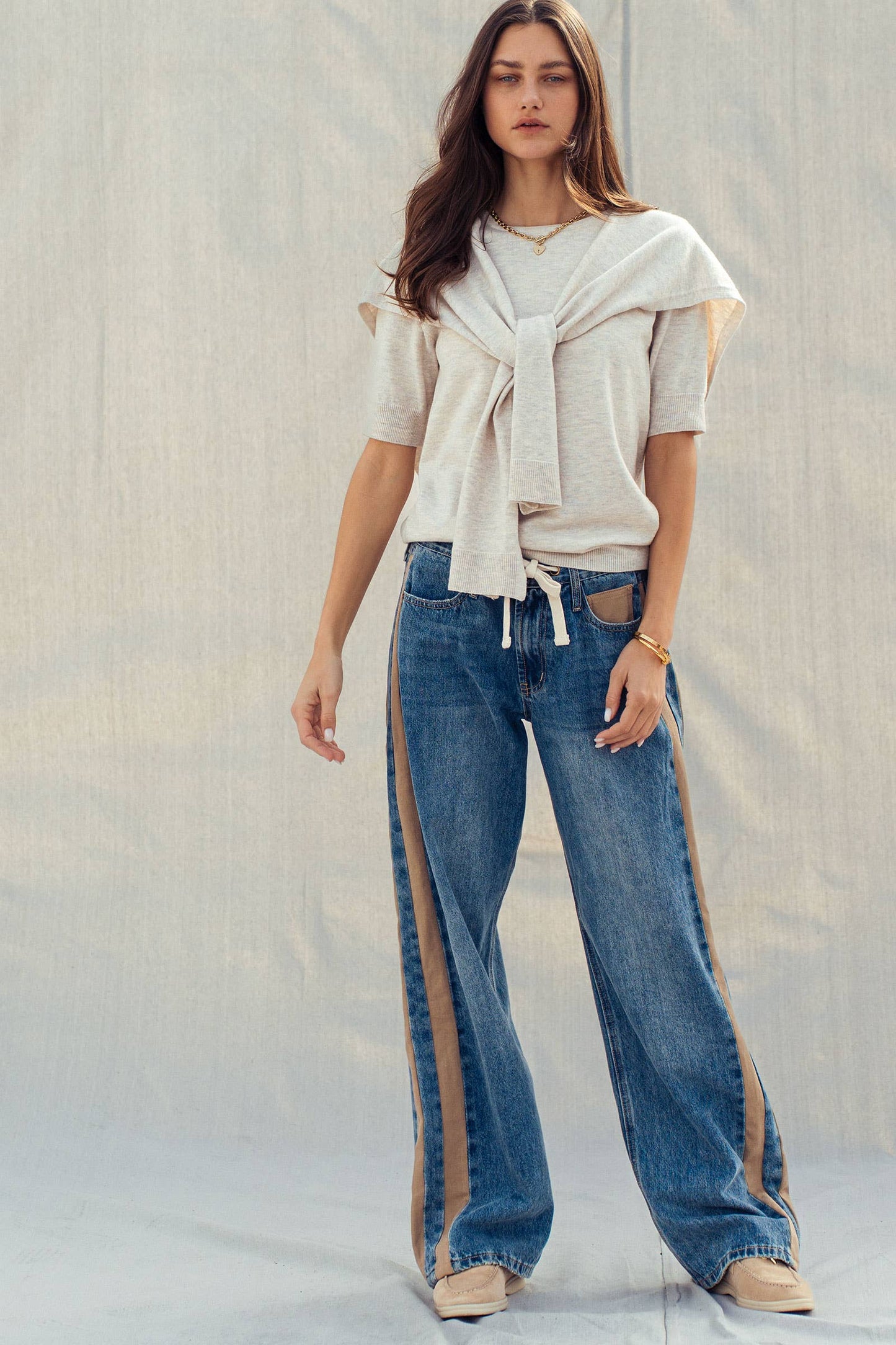 Faux Layered Tie-Front Knit Top