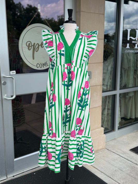 Long Green Floral Striped Dress