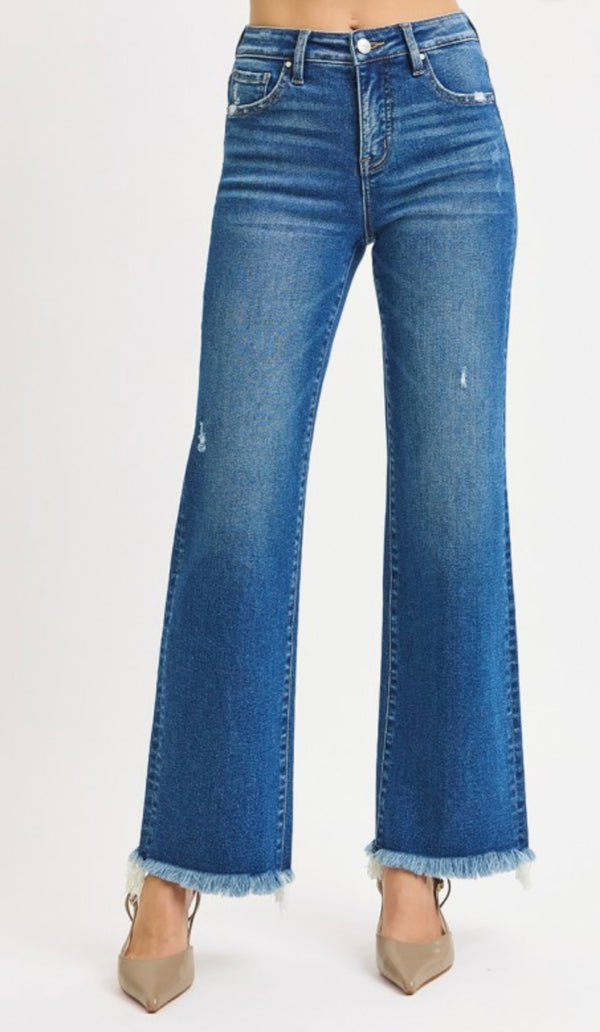 Risen Dark Wash Ankle Straight Fray Hem