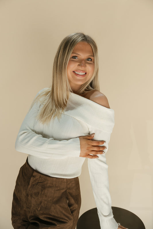 ribbed asymmetric shoulder long sleeve top