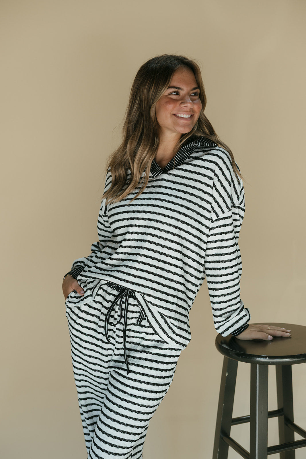 Stripe Collared Pullover Top and Drawstring Pant Set