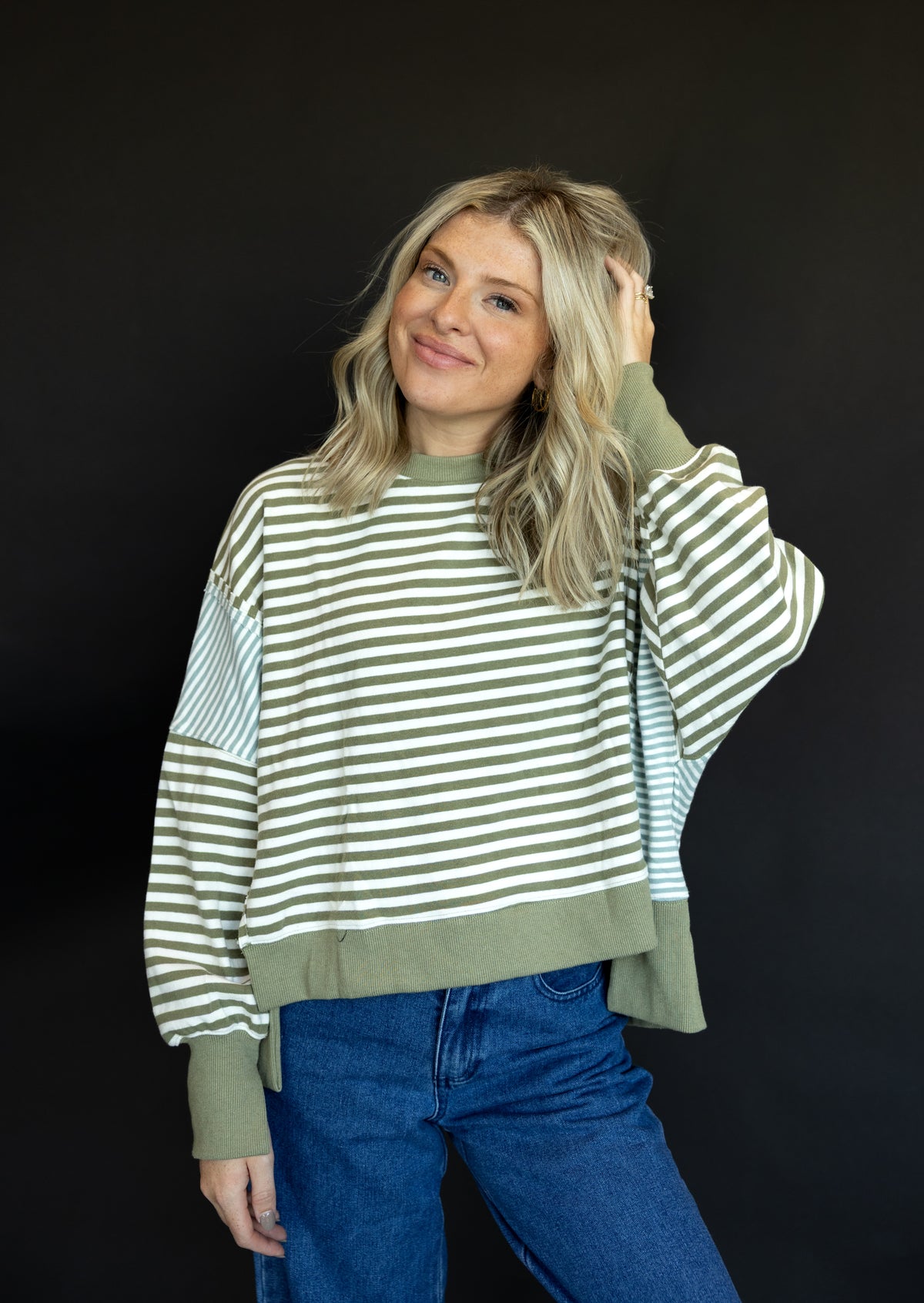 Scooped Neck Striped Sweatshirt
