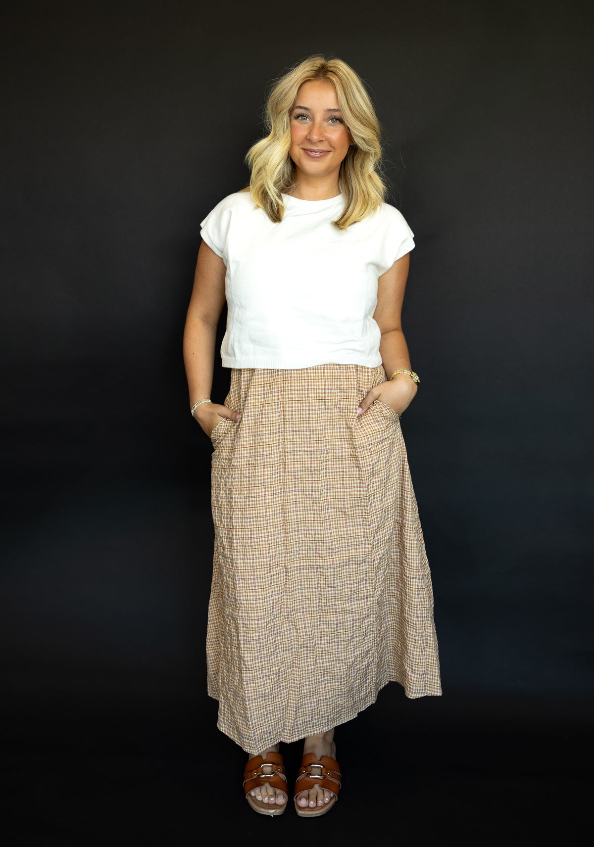 COUNTRY ROADS Gingham Bow Back Twofer Sweater Midi Dress