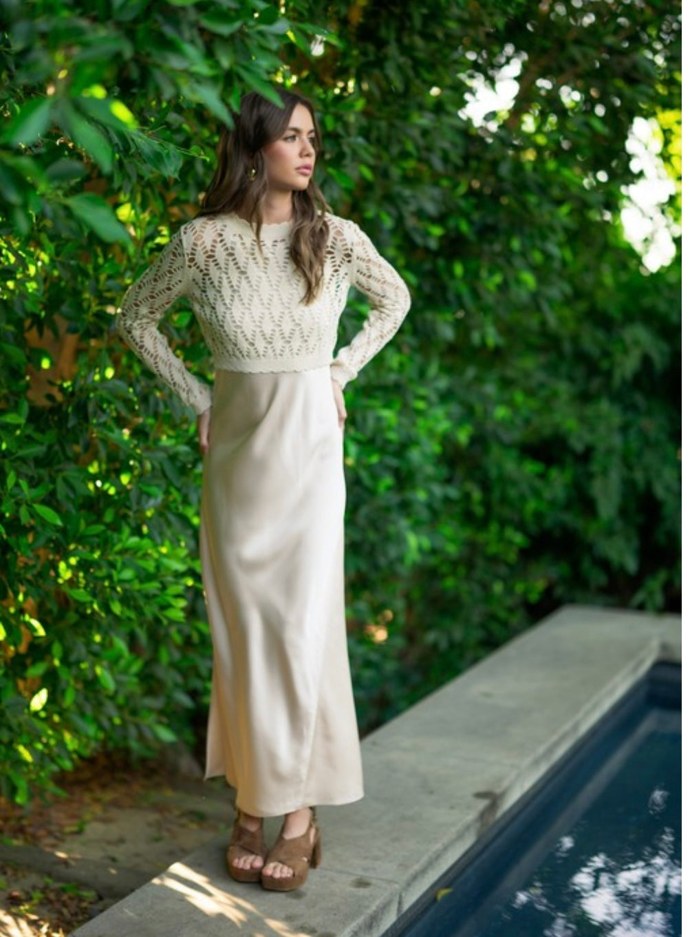 Satin slip dress with crochet top