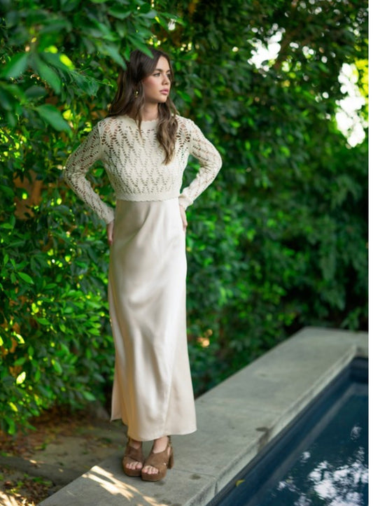 Satin slip dress with crochet top