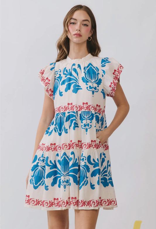 Red, White, Blue Paisley Print Dress