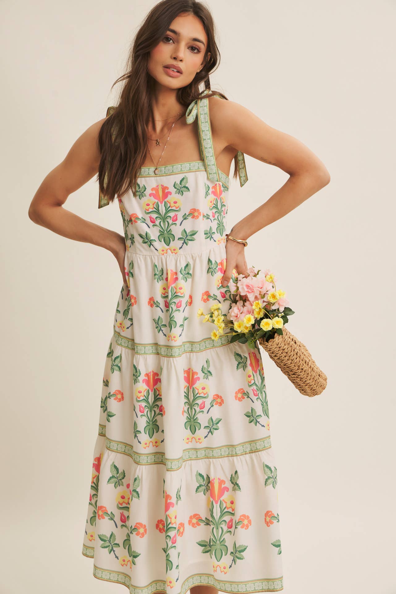Softly Romantic Exclusive Print MIDI Dress With Shoulder Tie