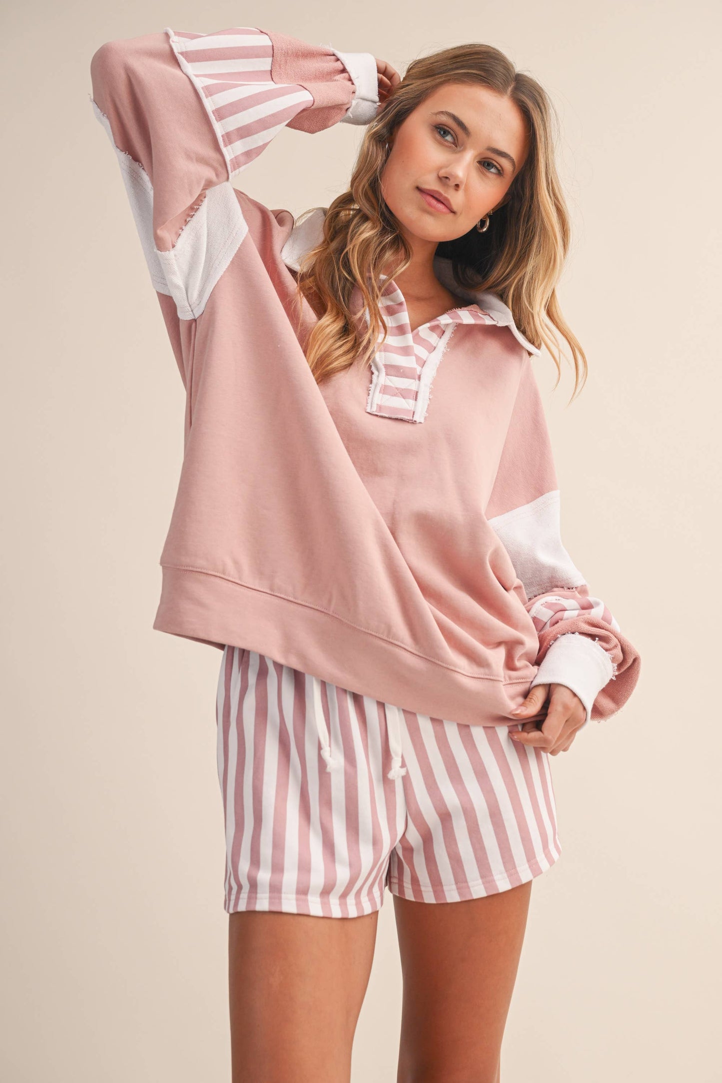 Striped Contrast Collared Sweatshirt and Shorts Set