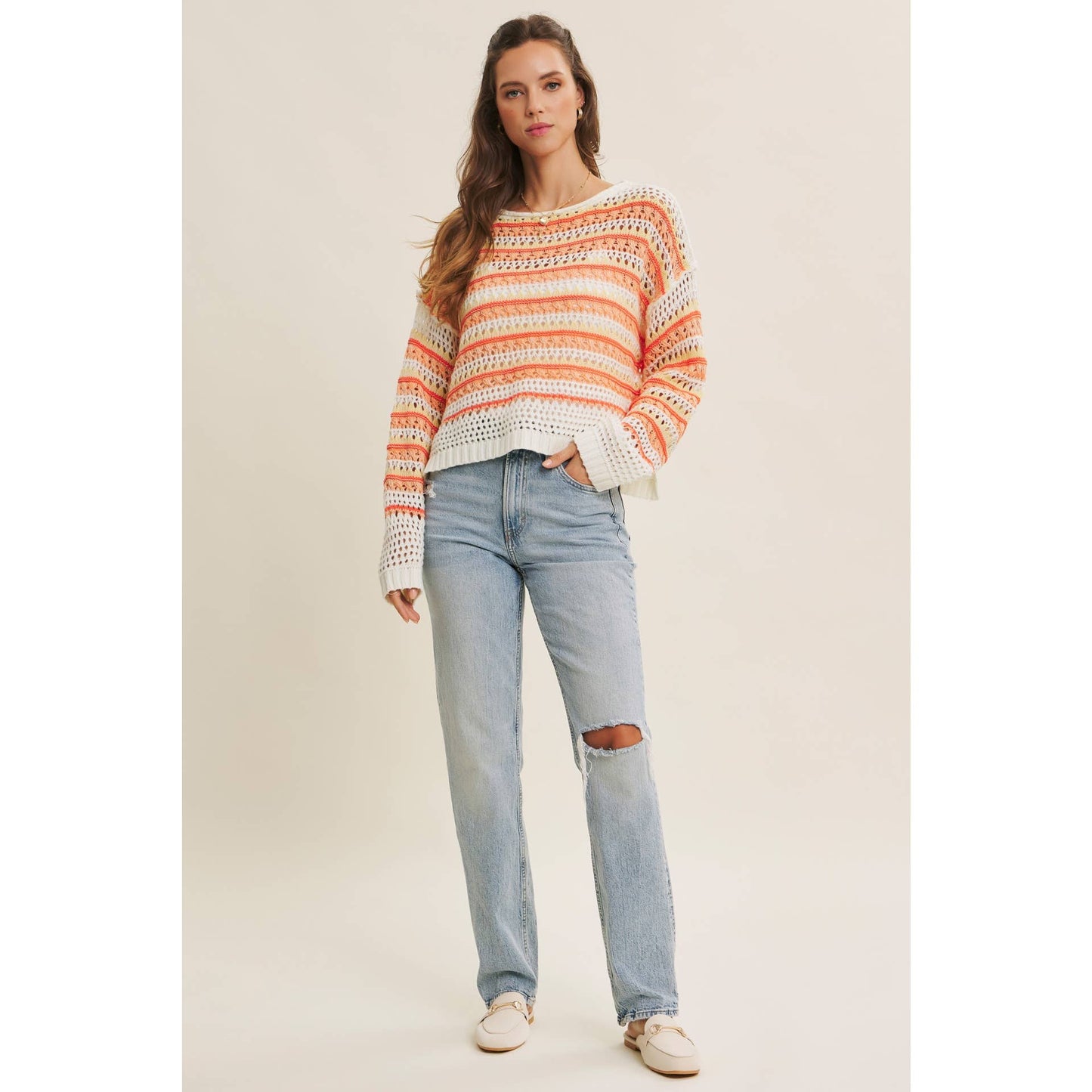 BRIGHT VIBRANT MULTI STRIPE LOOSE FIT CROCHET SWEATER TOP