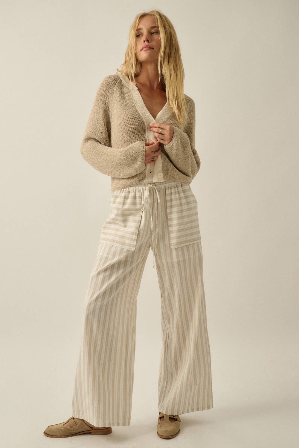 Striped Cotton Wide-Leg Drawstring Pants