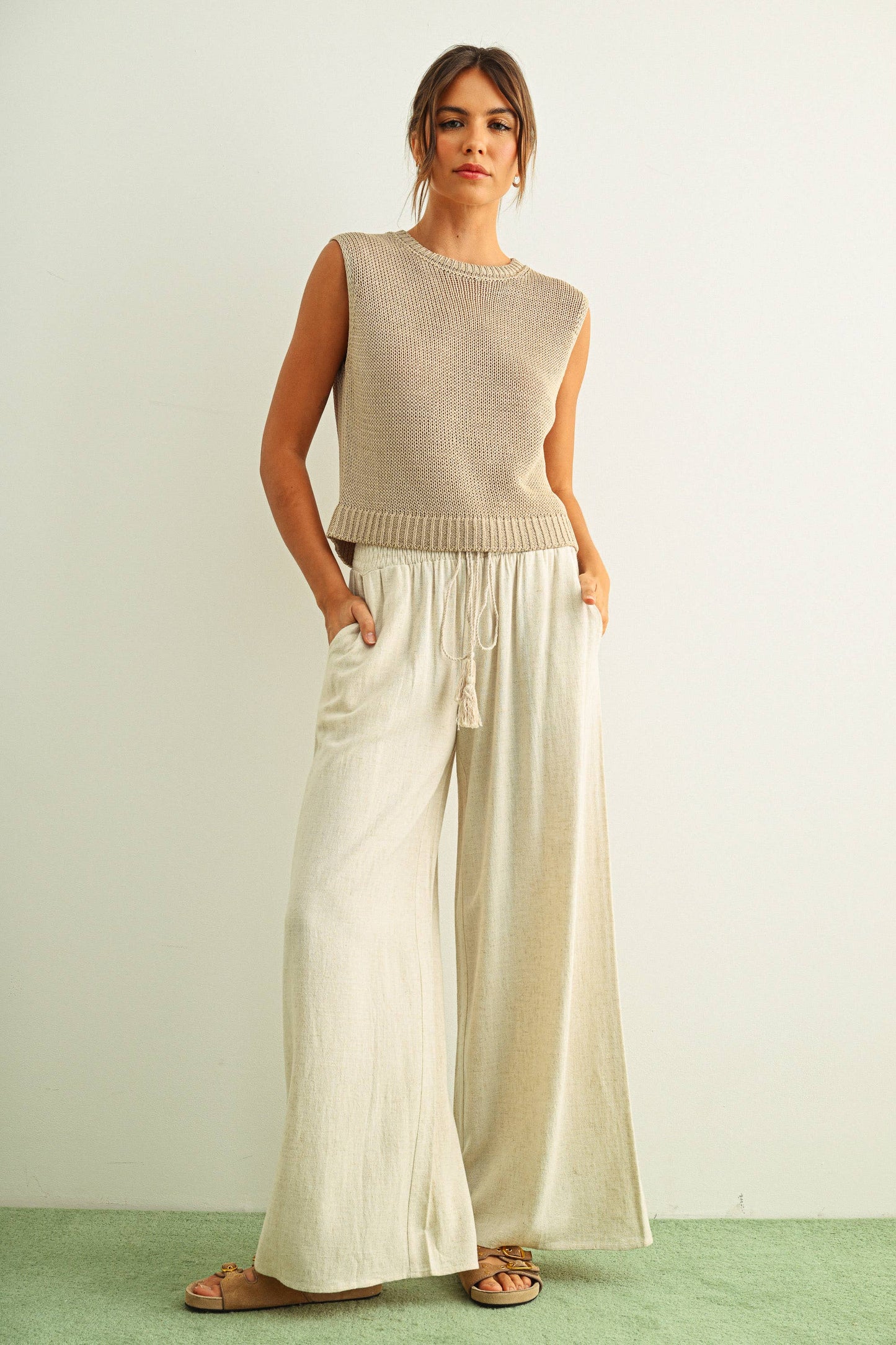 Cotton Linen Smocked Waist Pants With Tassel