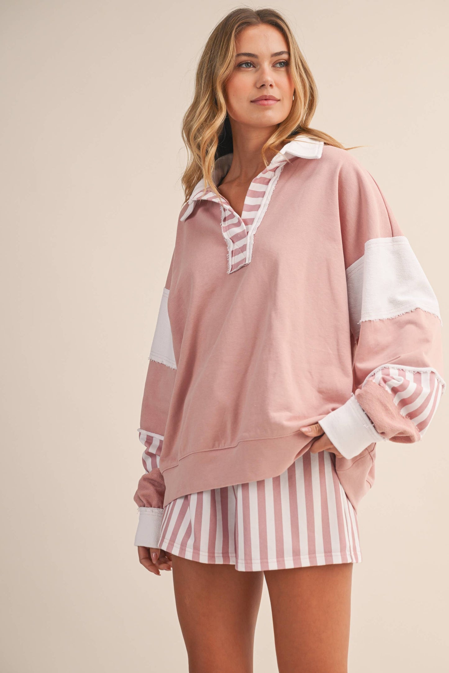 Striped Contrast Collared Sweatshirt and Shorts Set