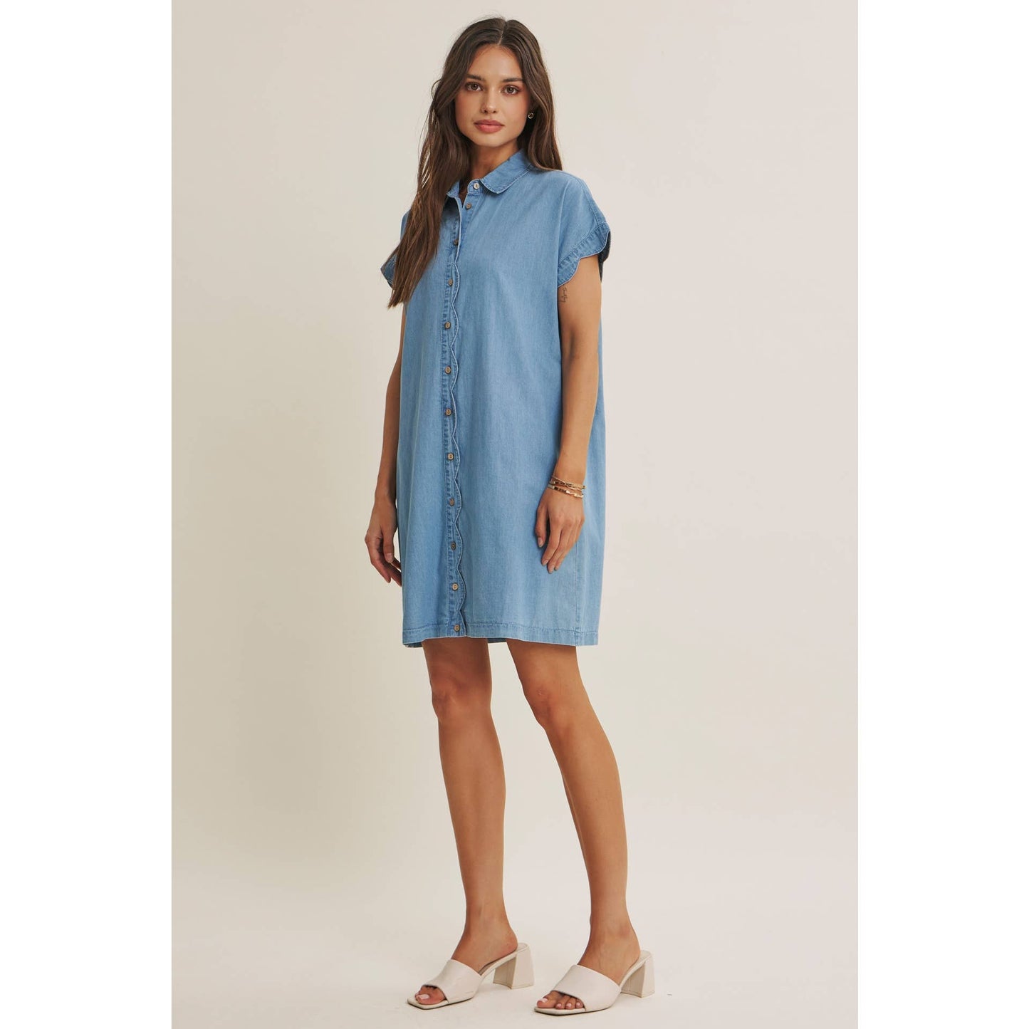 Coffee Run Washed Denim Mini Shirt Dress With Scallop Detail