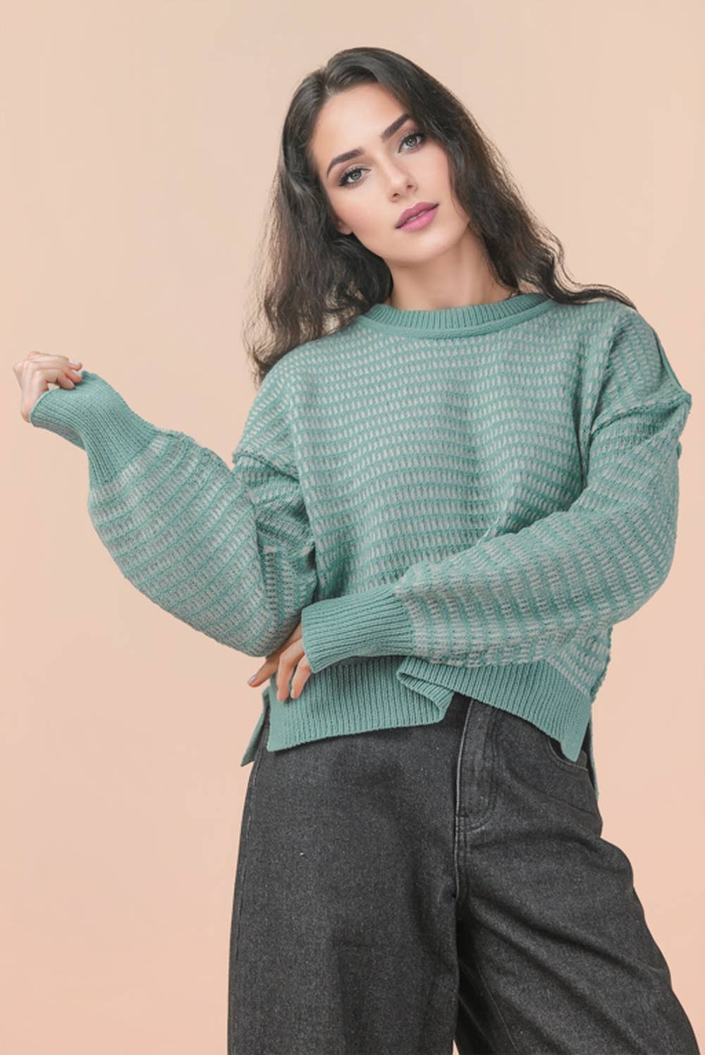 Two Tone Textured Knit Casual Sweater Top