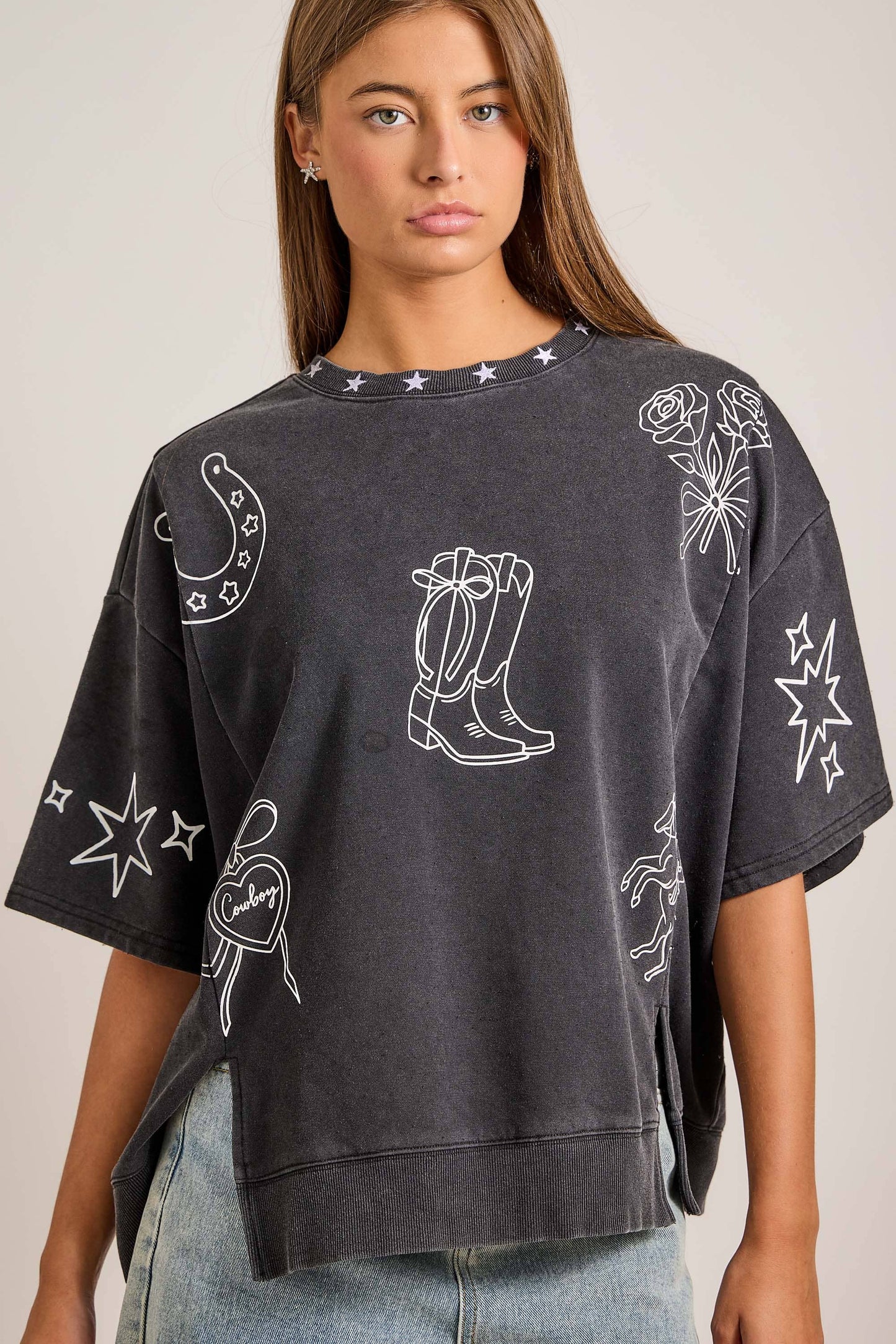Mineral washed western printed oversized top