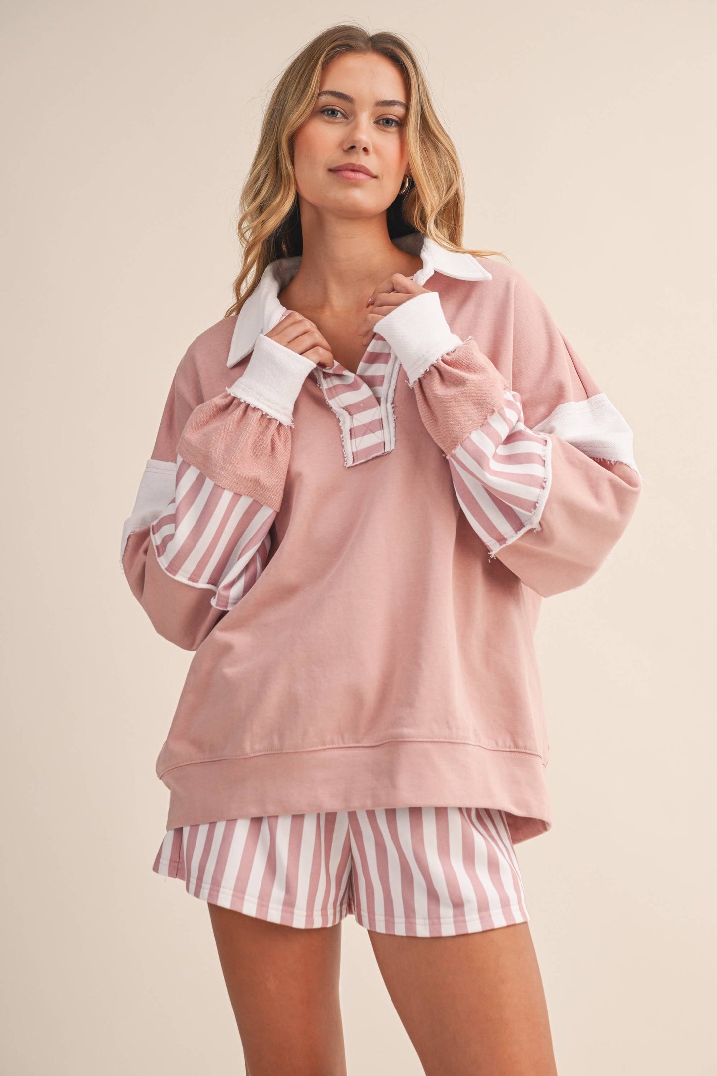 Striped Contrast Collared Sweatshirt and Shorts Set
