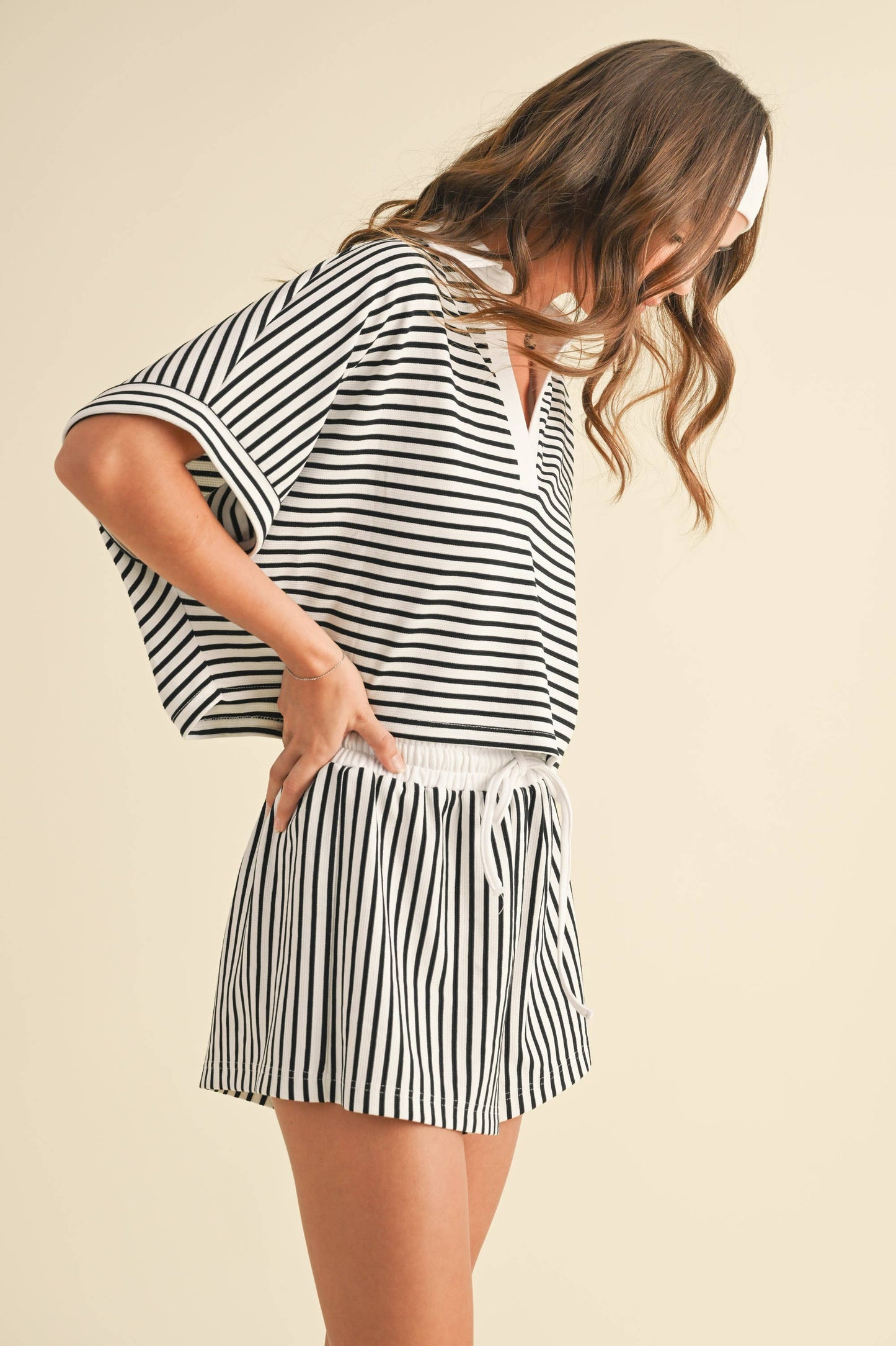 Knitted Striped Cropped Shirt and Shorts Set