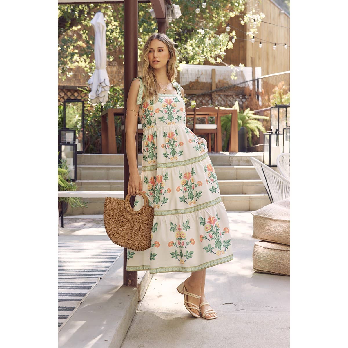 Softly Romantic Exclusive Print MIDI Dress With Shoulder Tie