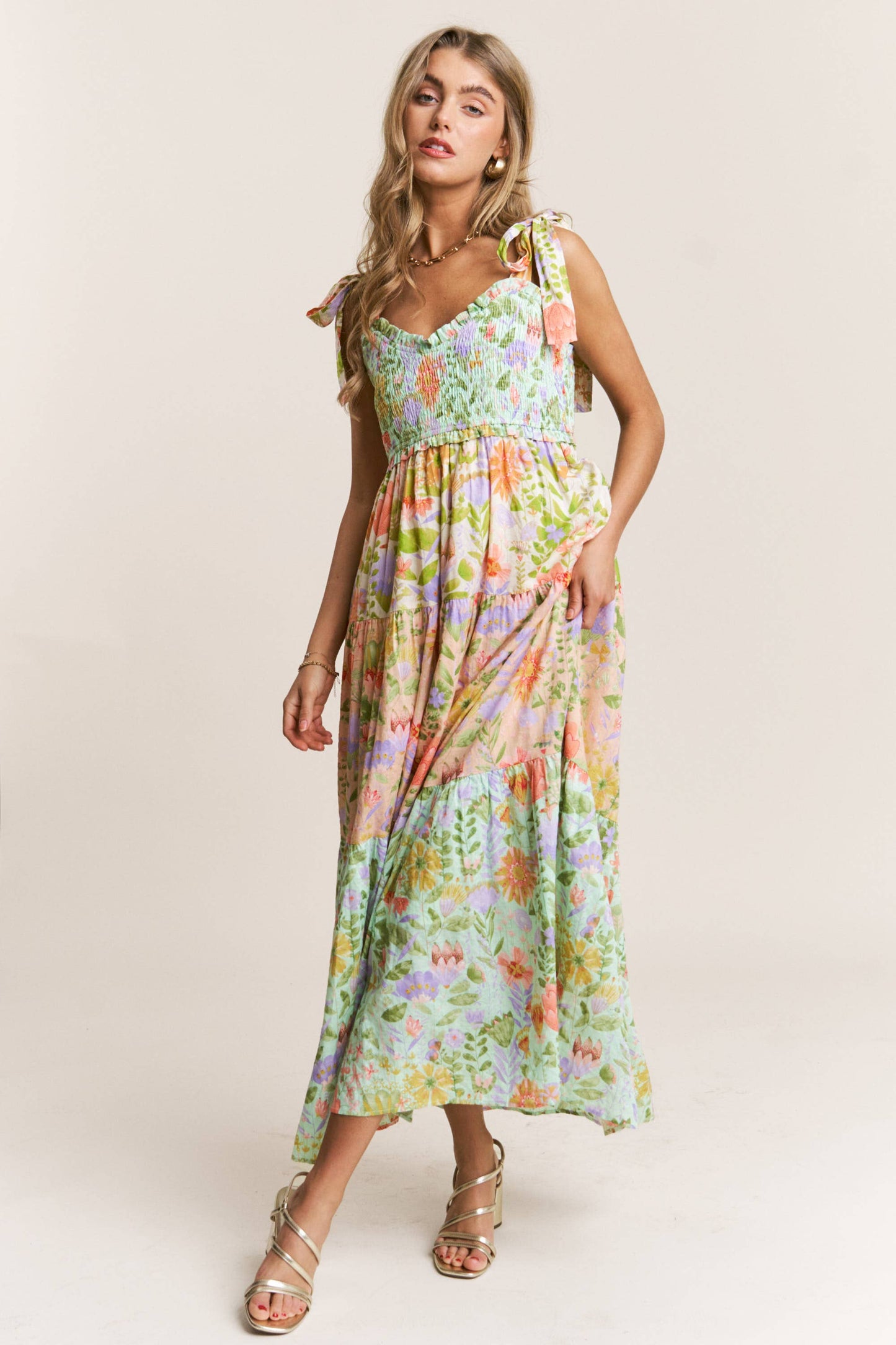 Smocked V-neck Tiered Multi Print Dress