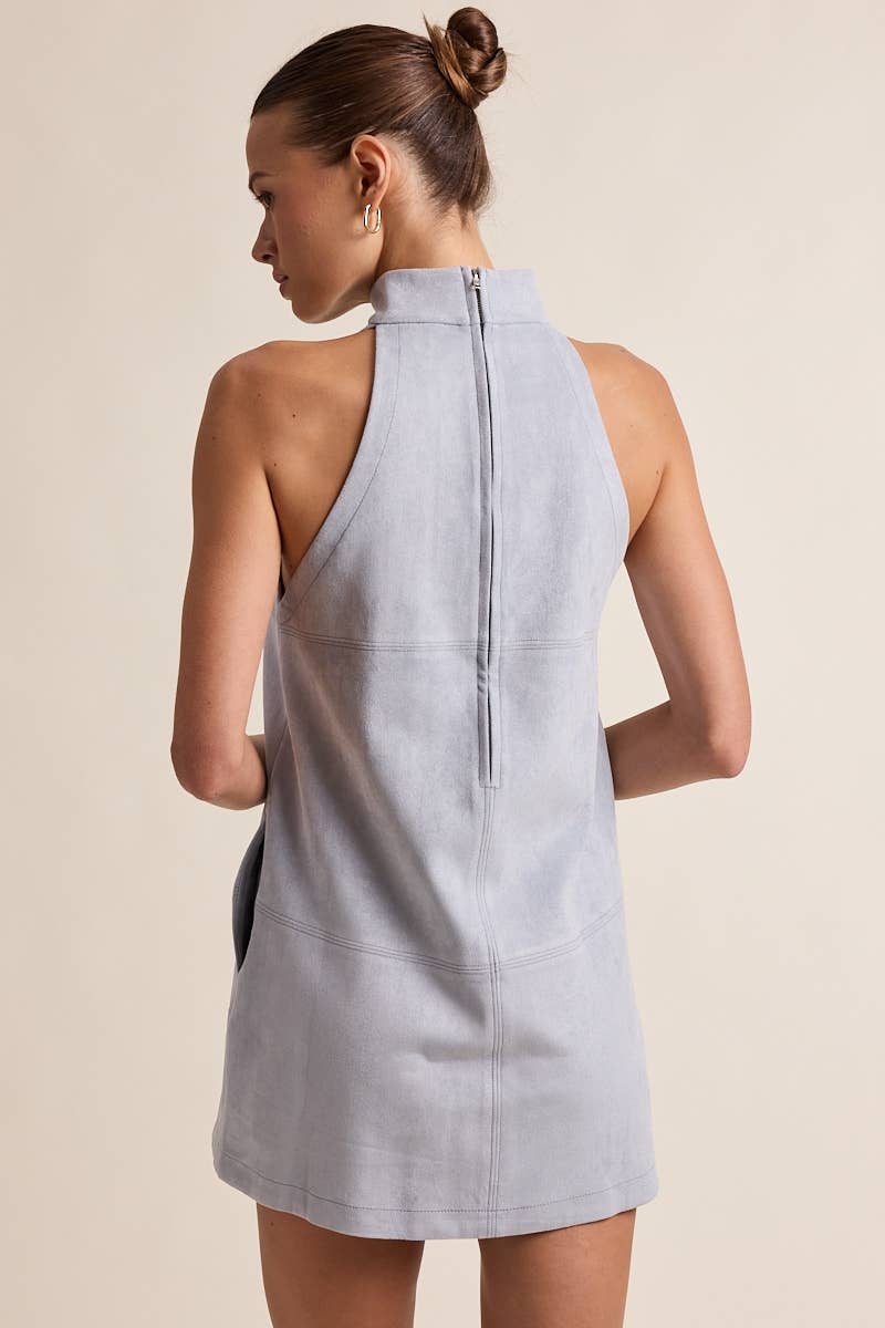 SUEDE SOLID COLOR MOCK NECK PLAIN MINI DRESS