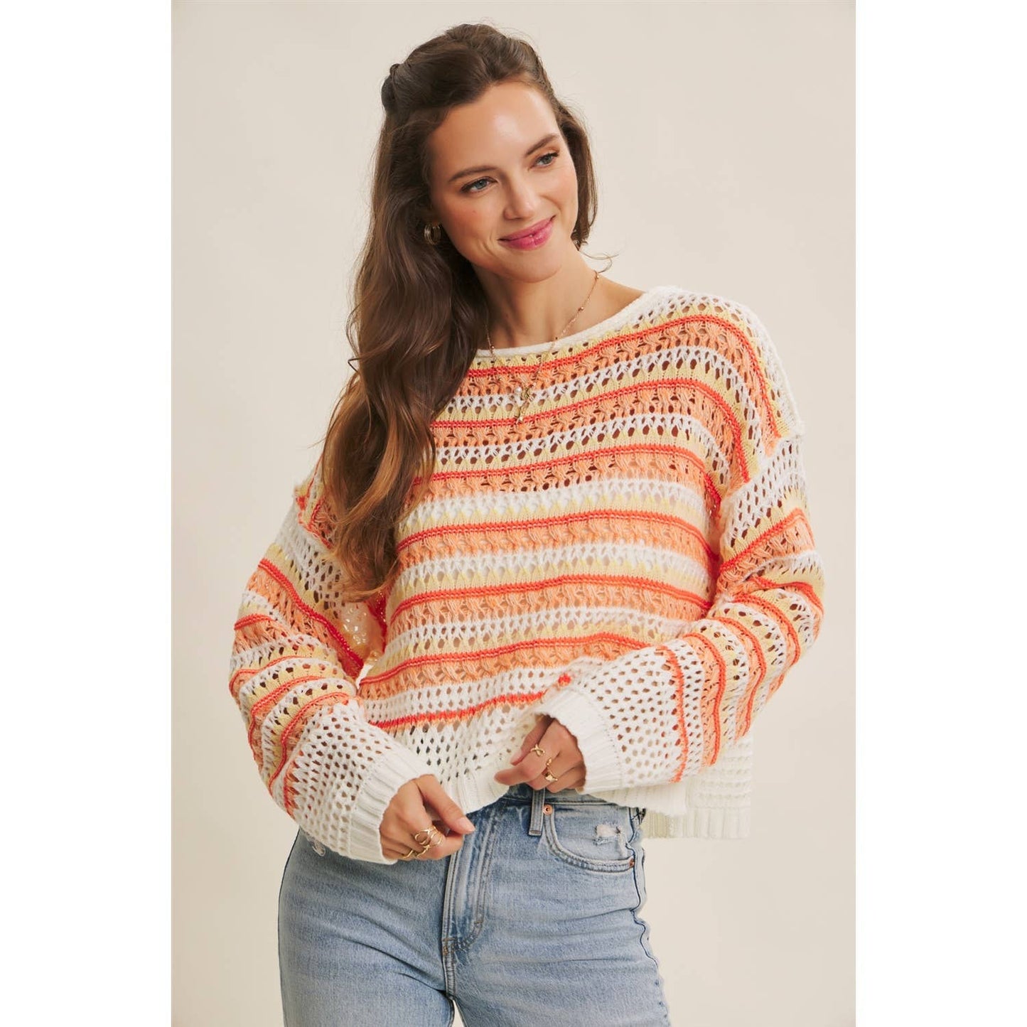 BRIGHT VIBRANT MULTI STRIPE LOOSE FIT CROCHET SWEATER TOP