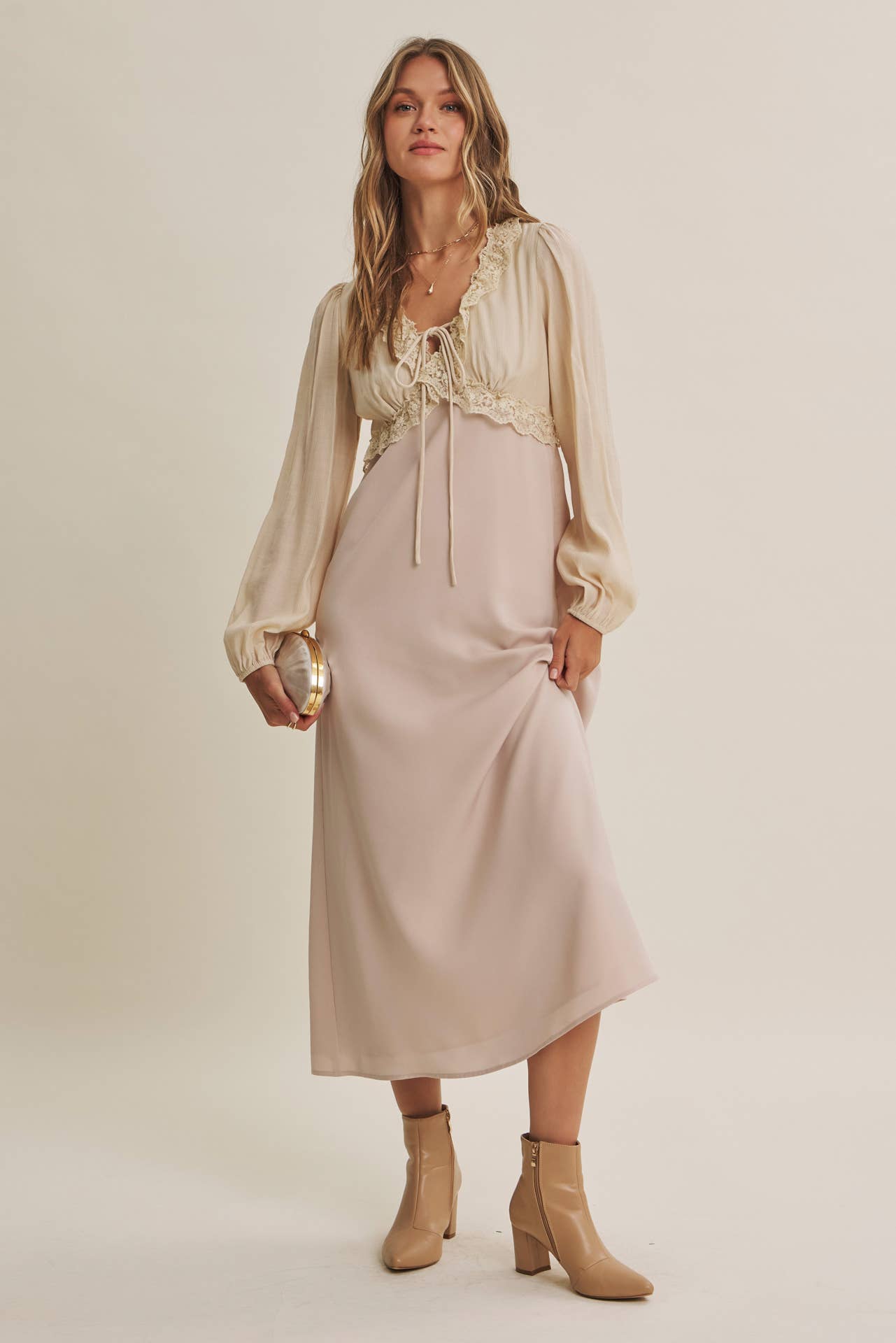 Champagne Rose Soft Drape Fabric Mixed Romantic Midi Dress
