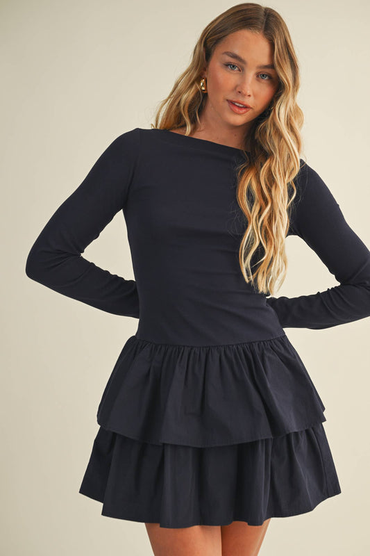 Boat neck ruffled dress